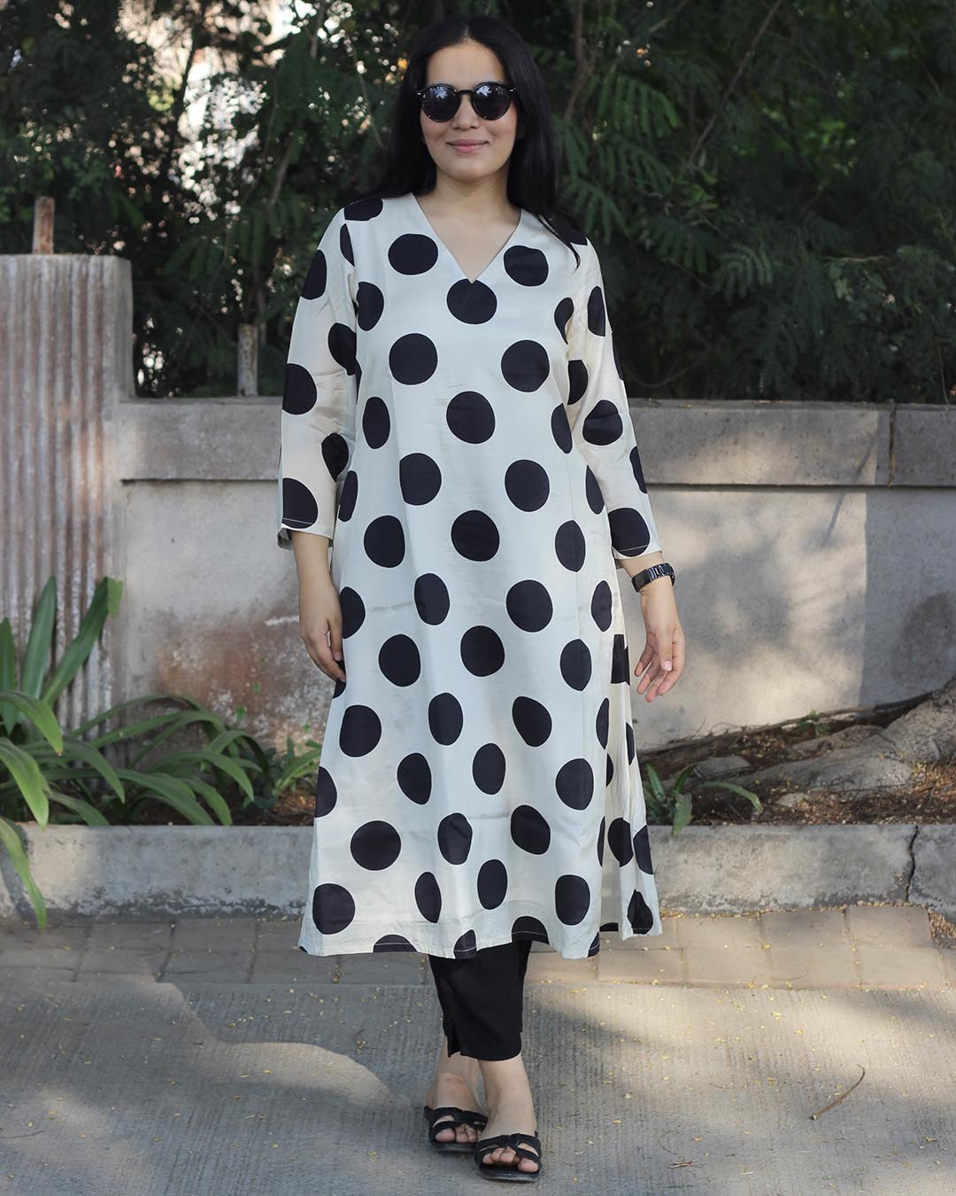 Off White & Black Polka Dot Pure Cotton Silk Kurta