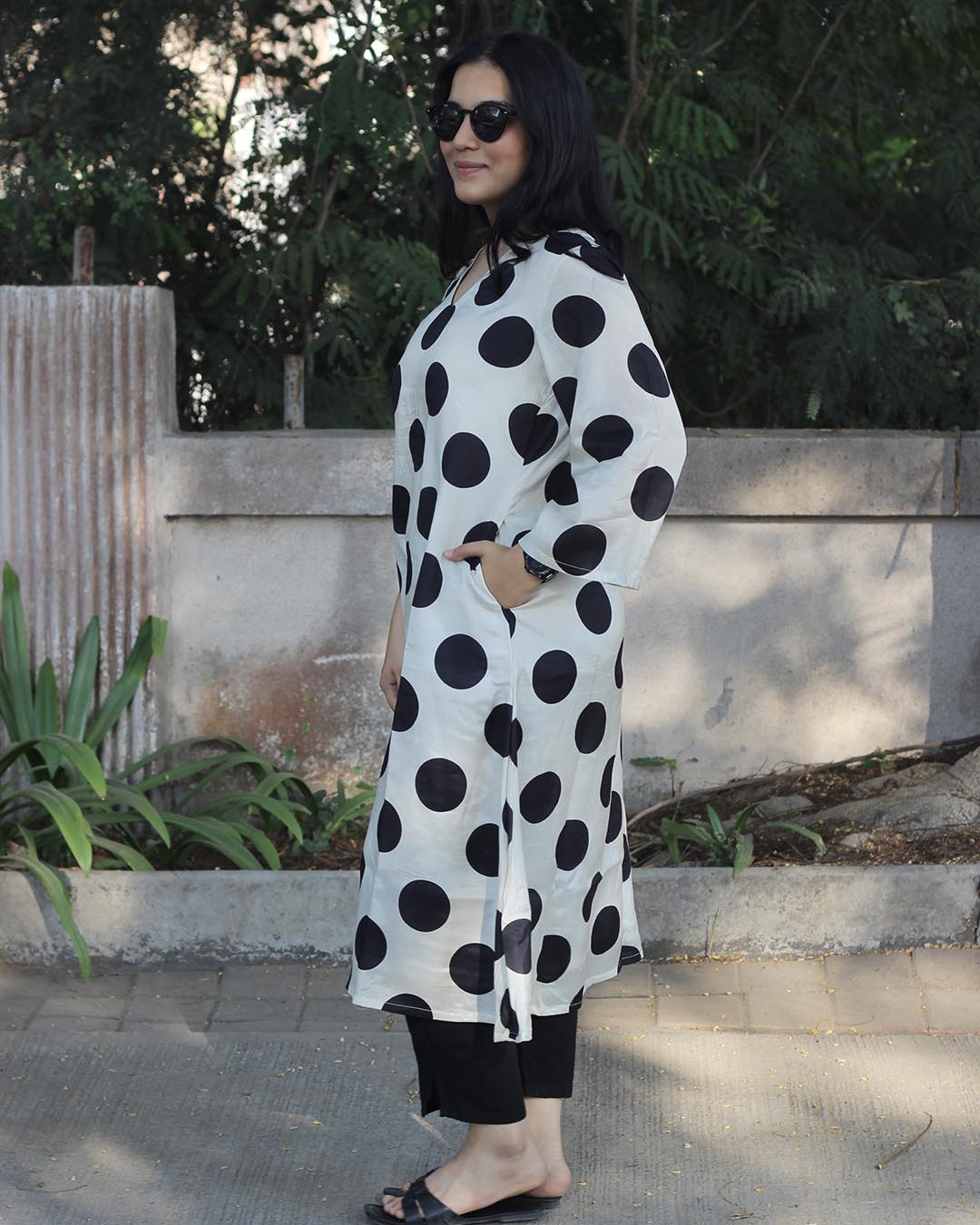 Off White & Black Polka Dot Pure Cotton Silk Kurta