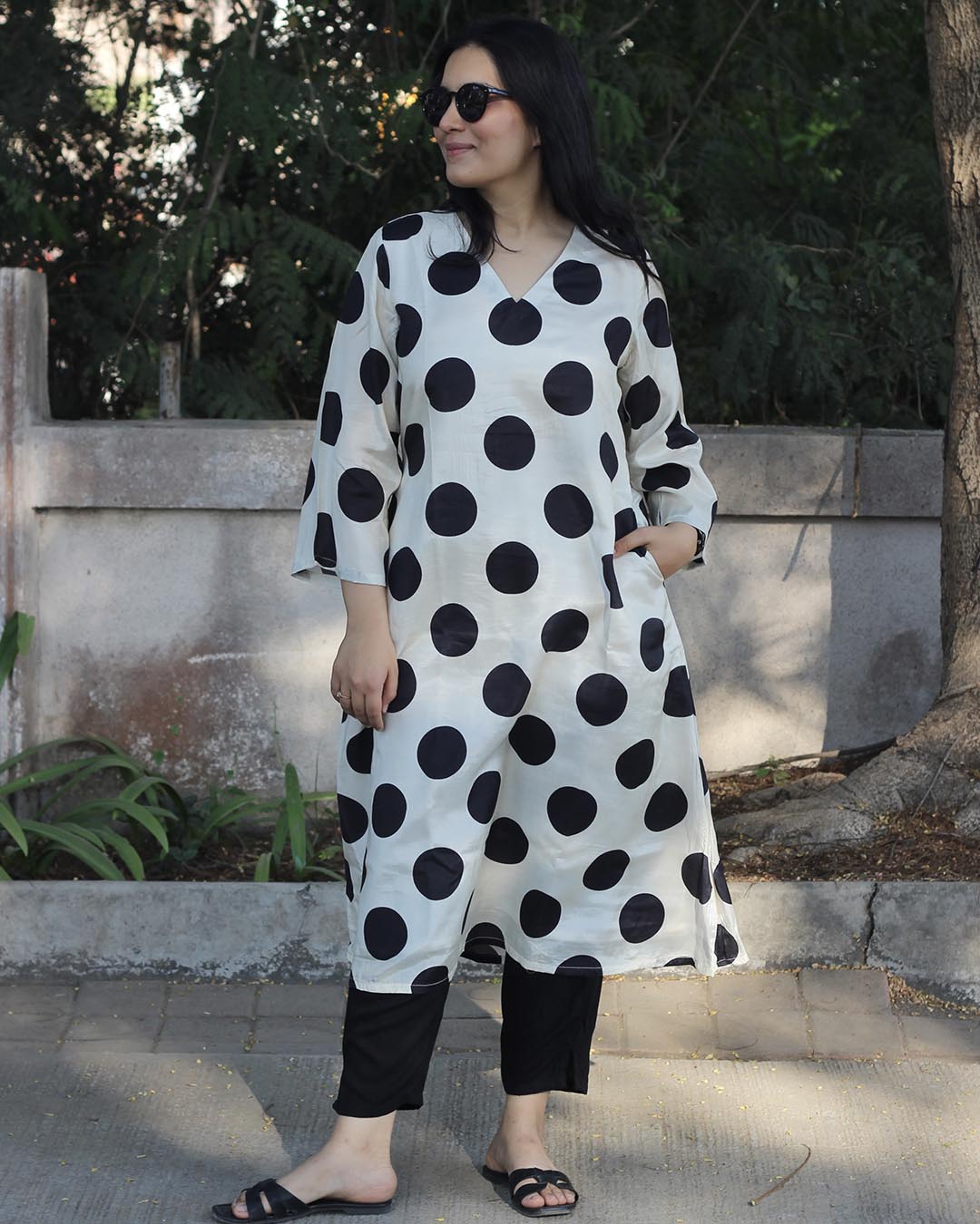 Off White & Black Polka Dot Pure Cotton Silk Kurta