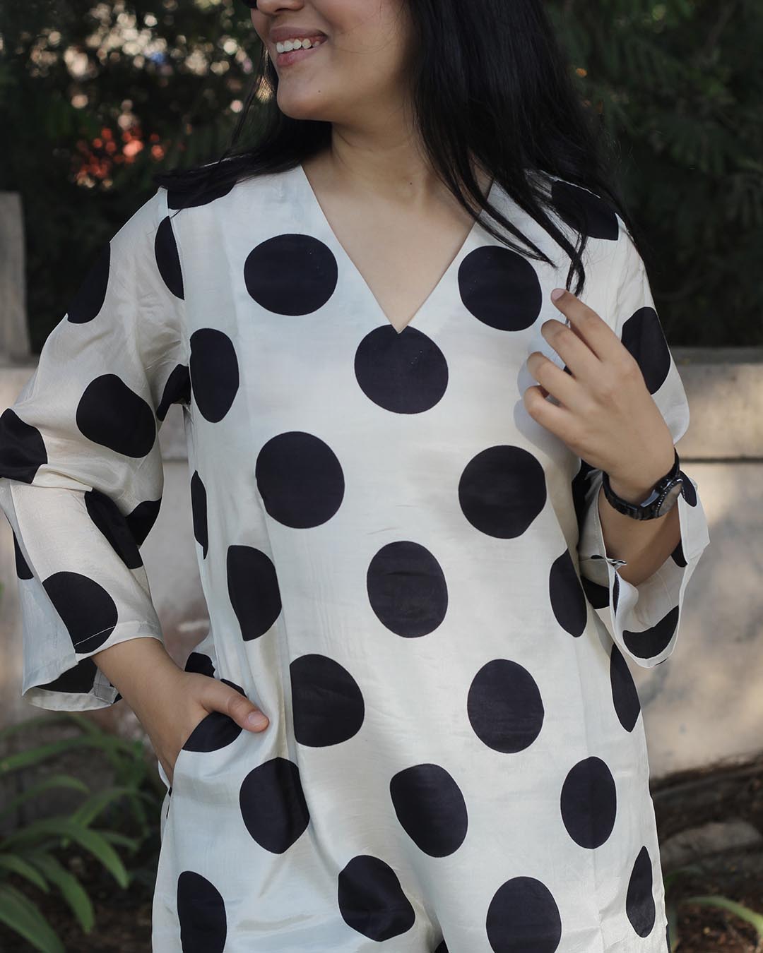 Off White & Black Polka Dot Pure Cotton Silk Kurta