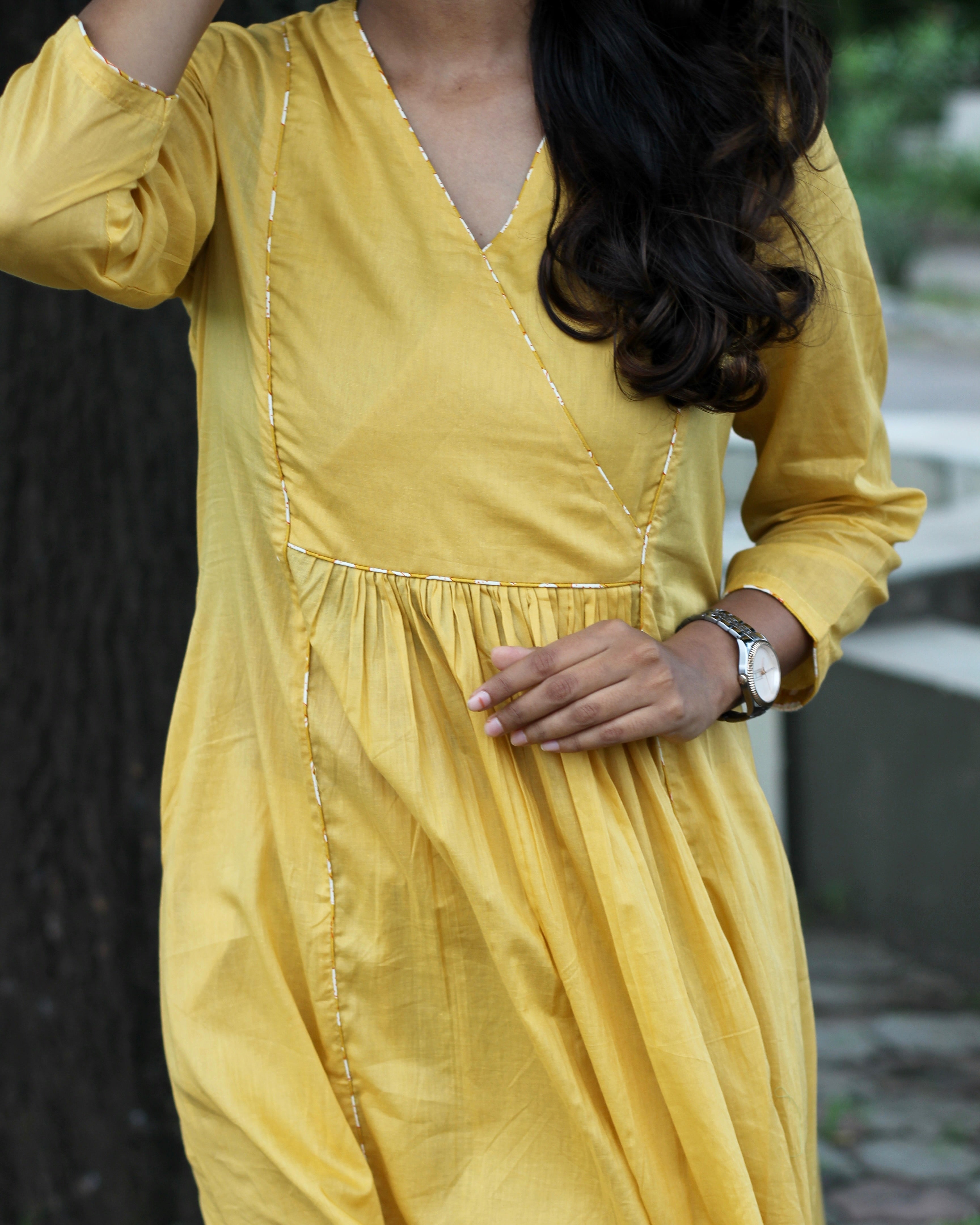 Solid dusty yellow mul cotton kurta pant set- Set of 2