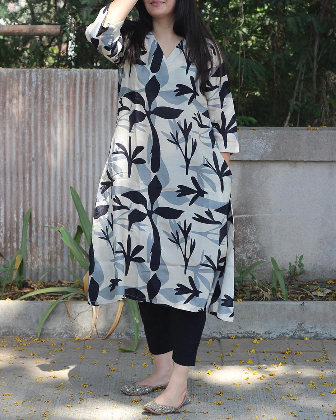 Midnight blossom Cotton Silk Kurta with Cotton Lining