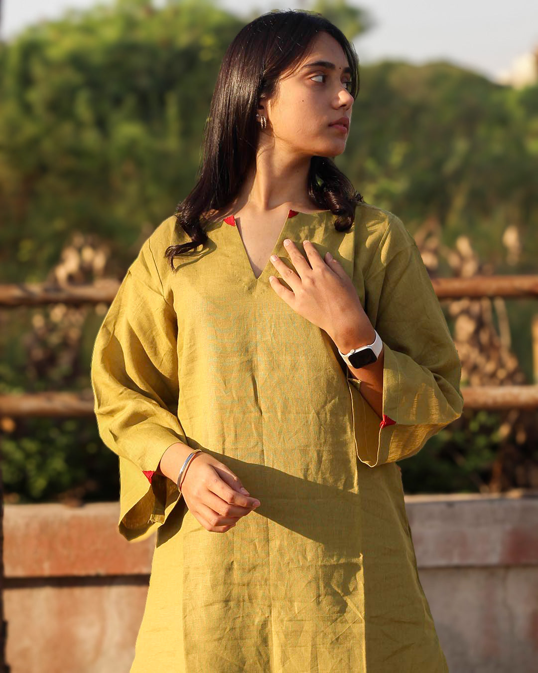 Mustard green Long Kurta in Premium Linen