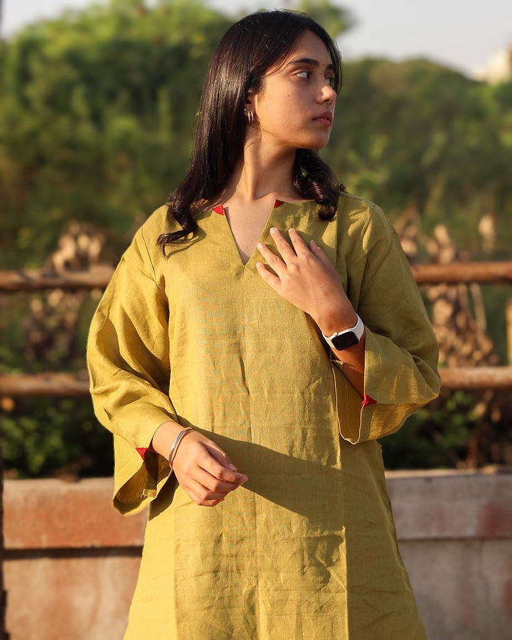 Mustard green Long Kurta in Premium Linen