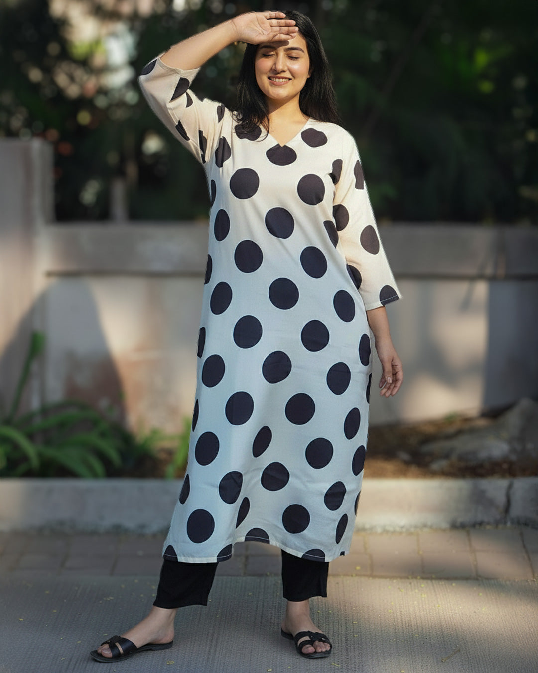 Off White & Black Polka Dot Pure Cotton Silk Kurta