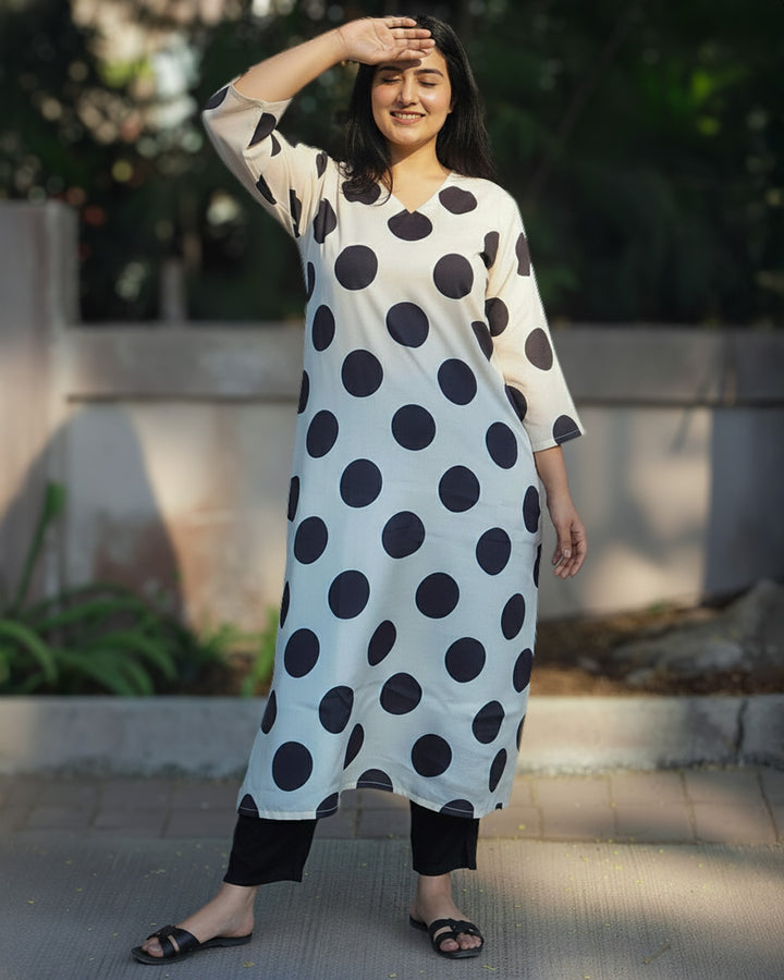 Off White & Black Polka Dot Pure Cotton Silk Kurta