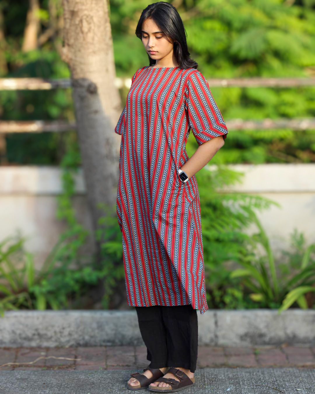 Pure cotton Ajrakh stripe A-Line kurta
