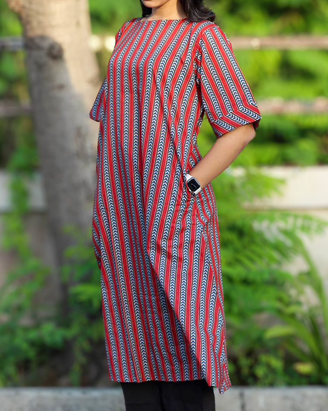 Pure cotton Ajrakh stripe A-Line kurta