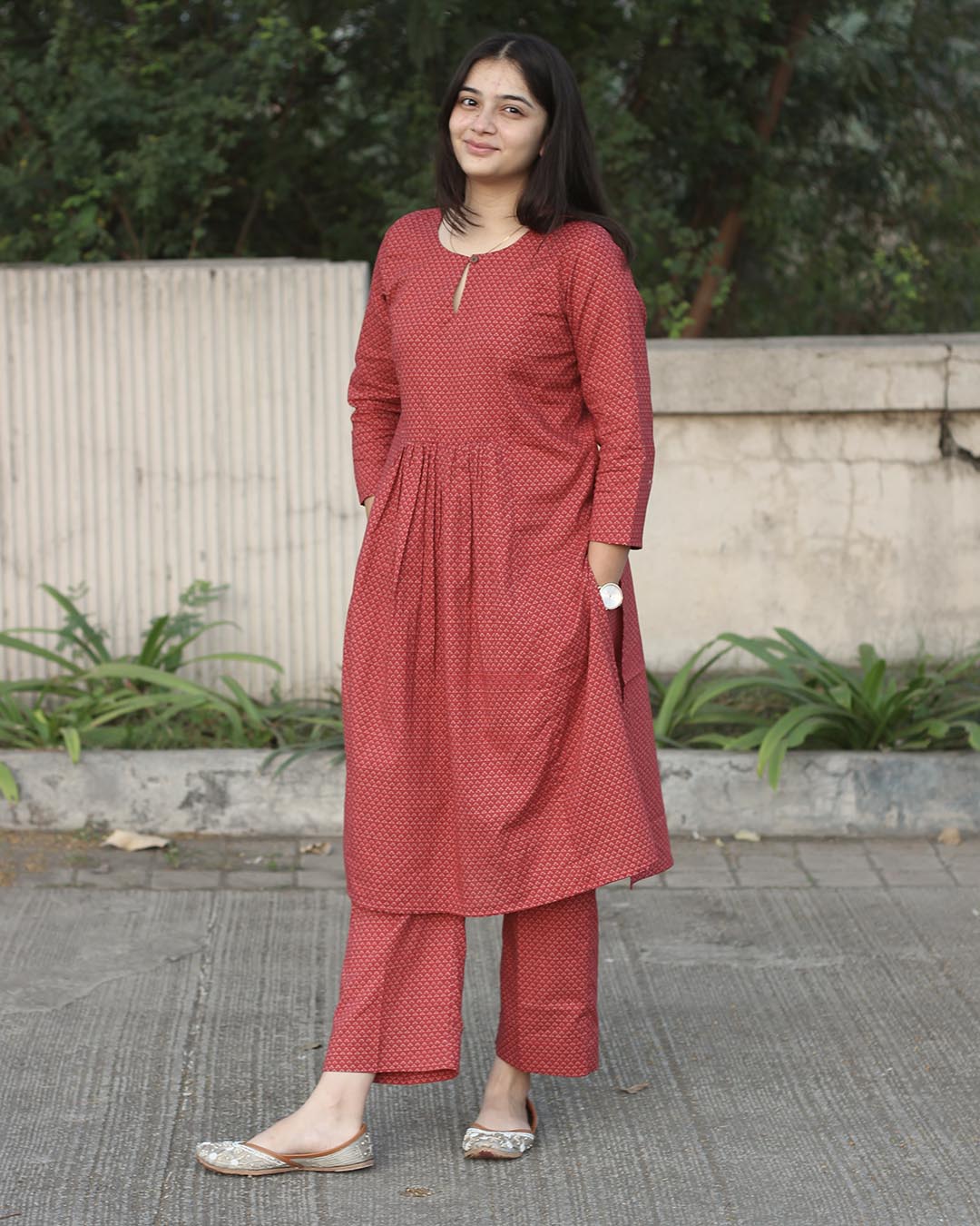 Red Cambric Cotton Printed kurta pant set