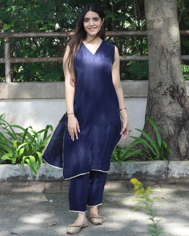 Dark Blue Uppada Silk Kurta Set with Festive Details - Set of 2