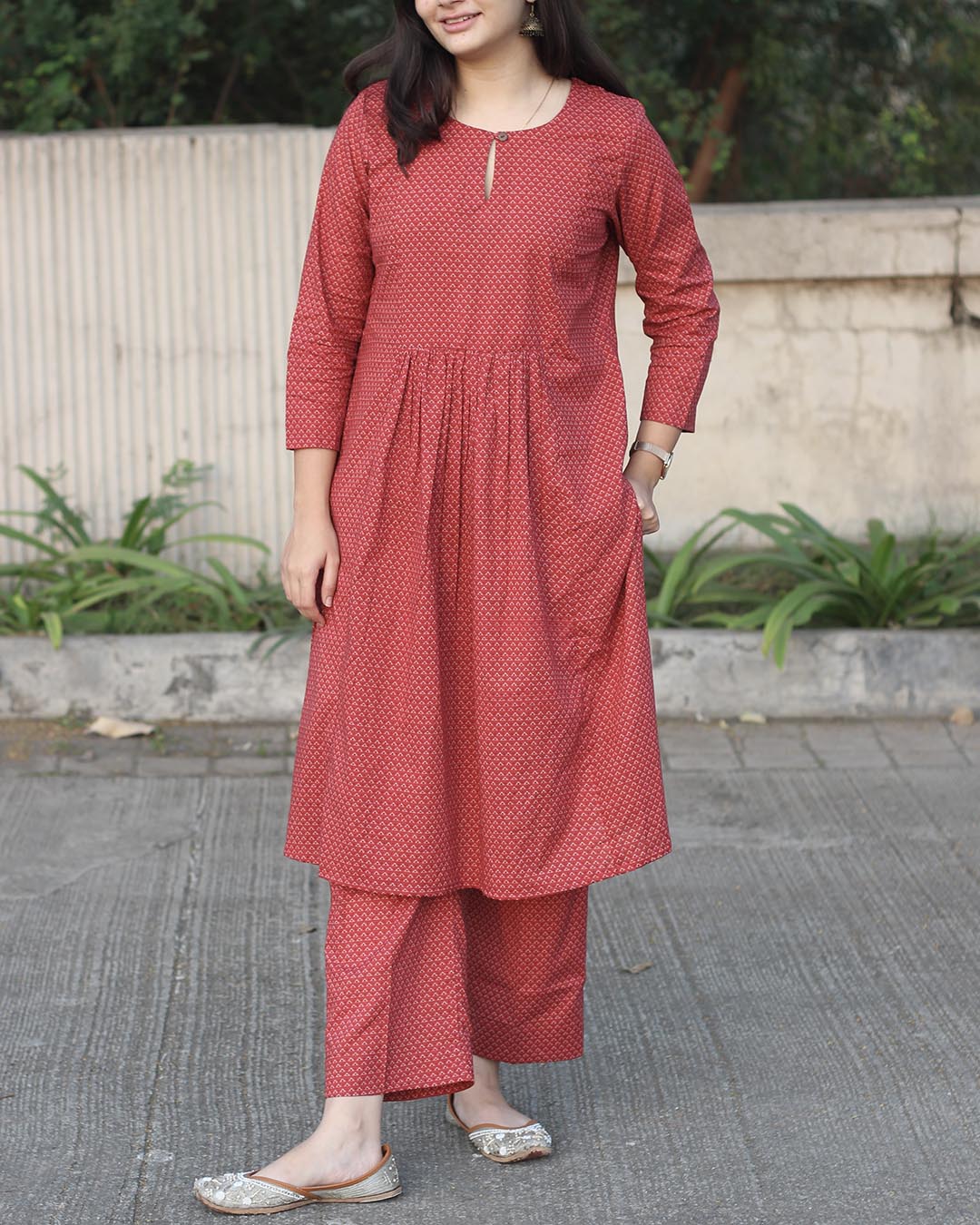 Red Cambric Cotton Printed kurta pant set