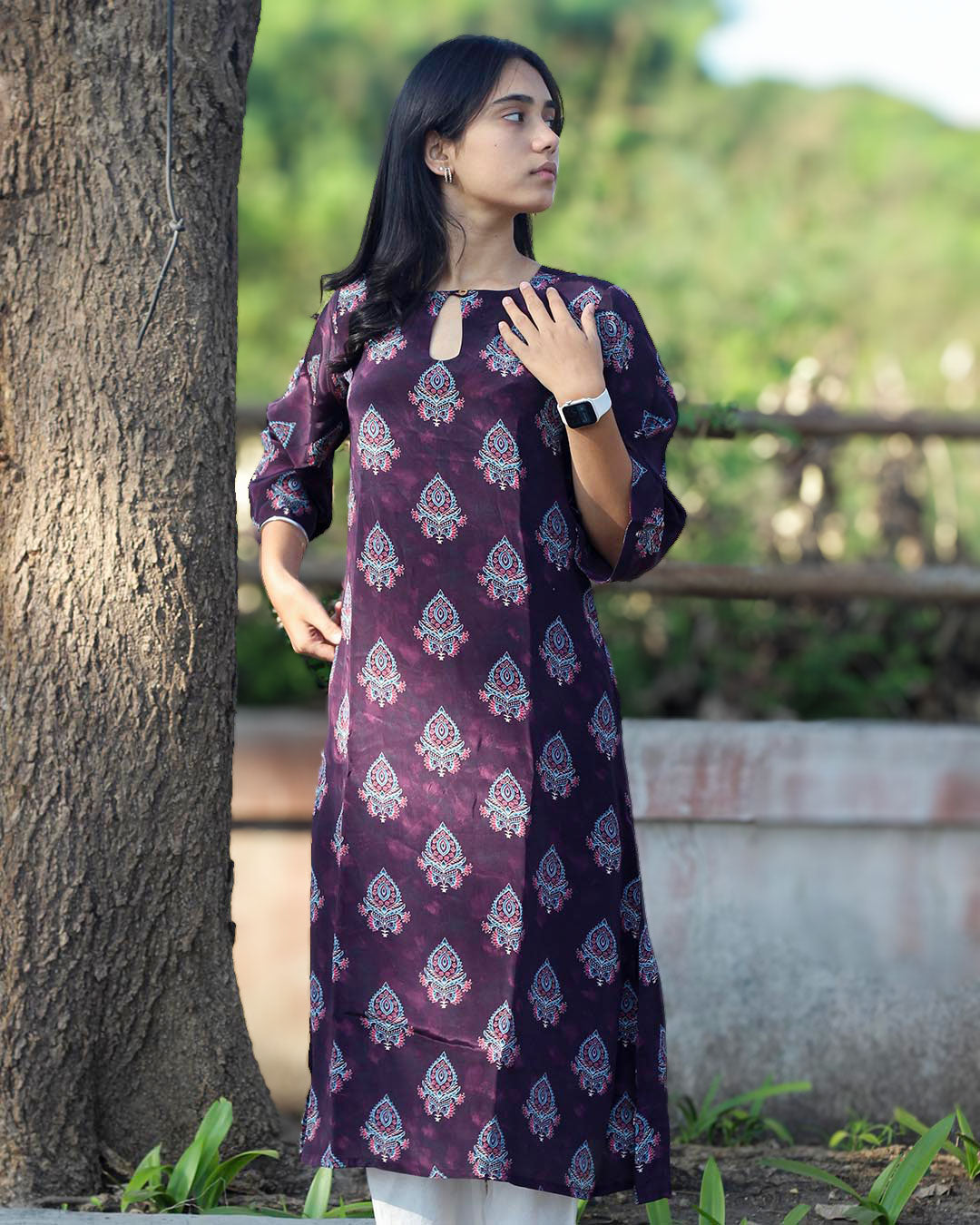 Meher Pure Crepe Dusty Purple Printed Kurta
