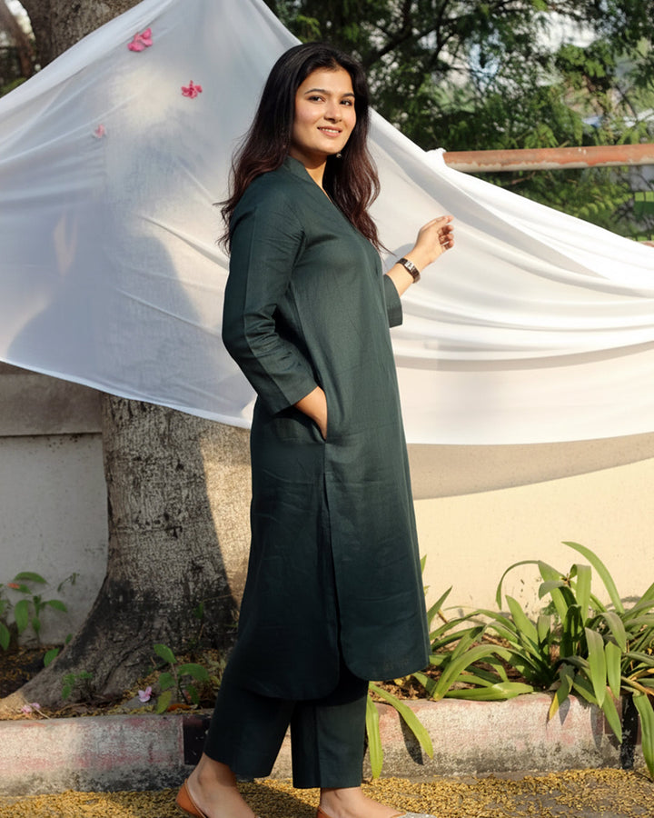 SAADGI Collection: Elegant Pure Linen Teal Co-ord Set for Festive Elegance