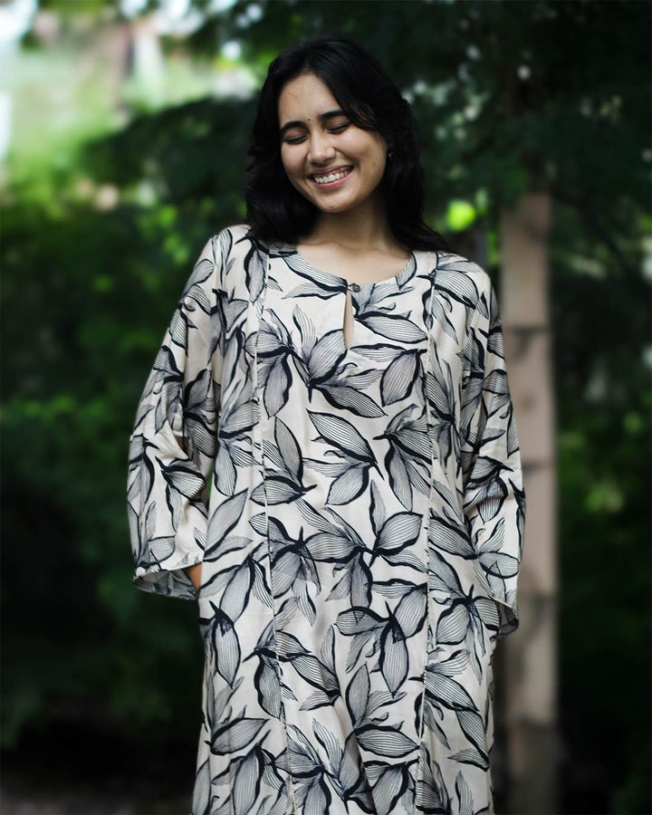 Black-White contrast floral Kurta in Pure Cotton