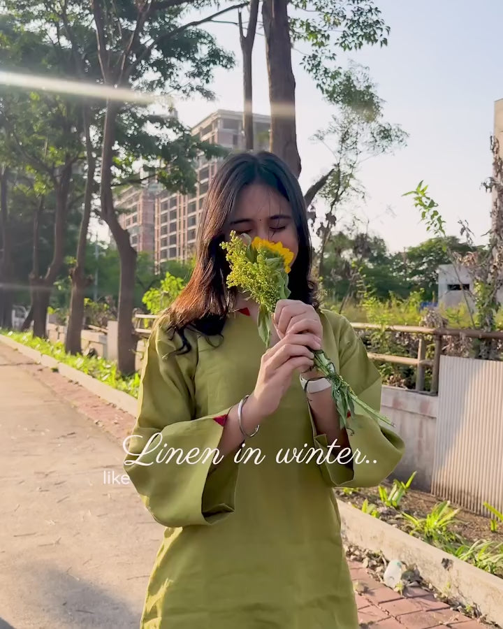 Mustard green Long Kurta in Premium Linen