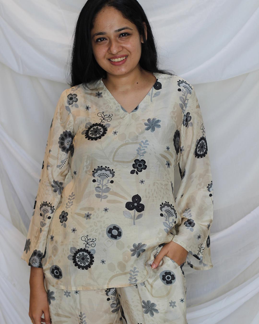 Best selling - Floral Pure muslin co-ord set in Black & white