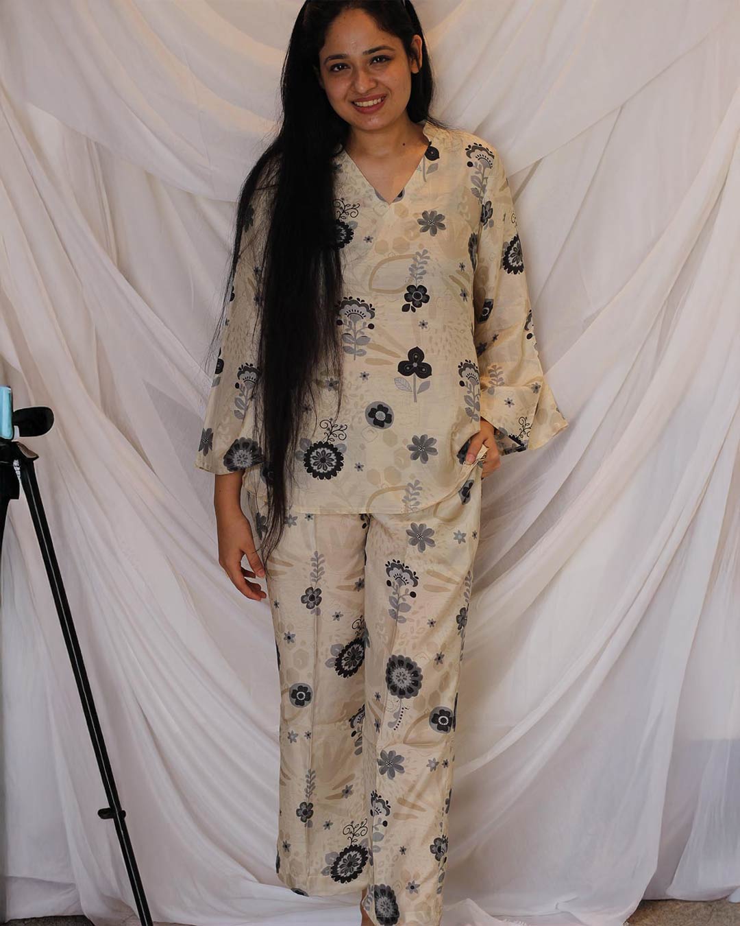 Best selling - Floral Pure muslin co-ord set in Black & white