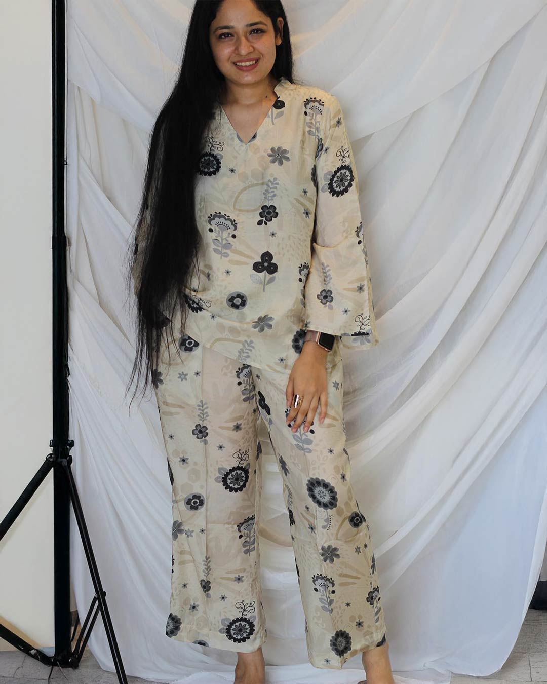 Best selling - Floral Pure muslin co-ord set in Black & white