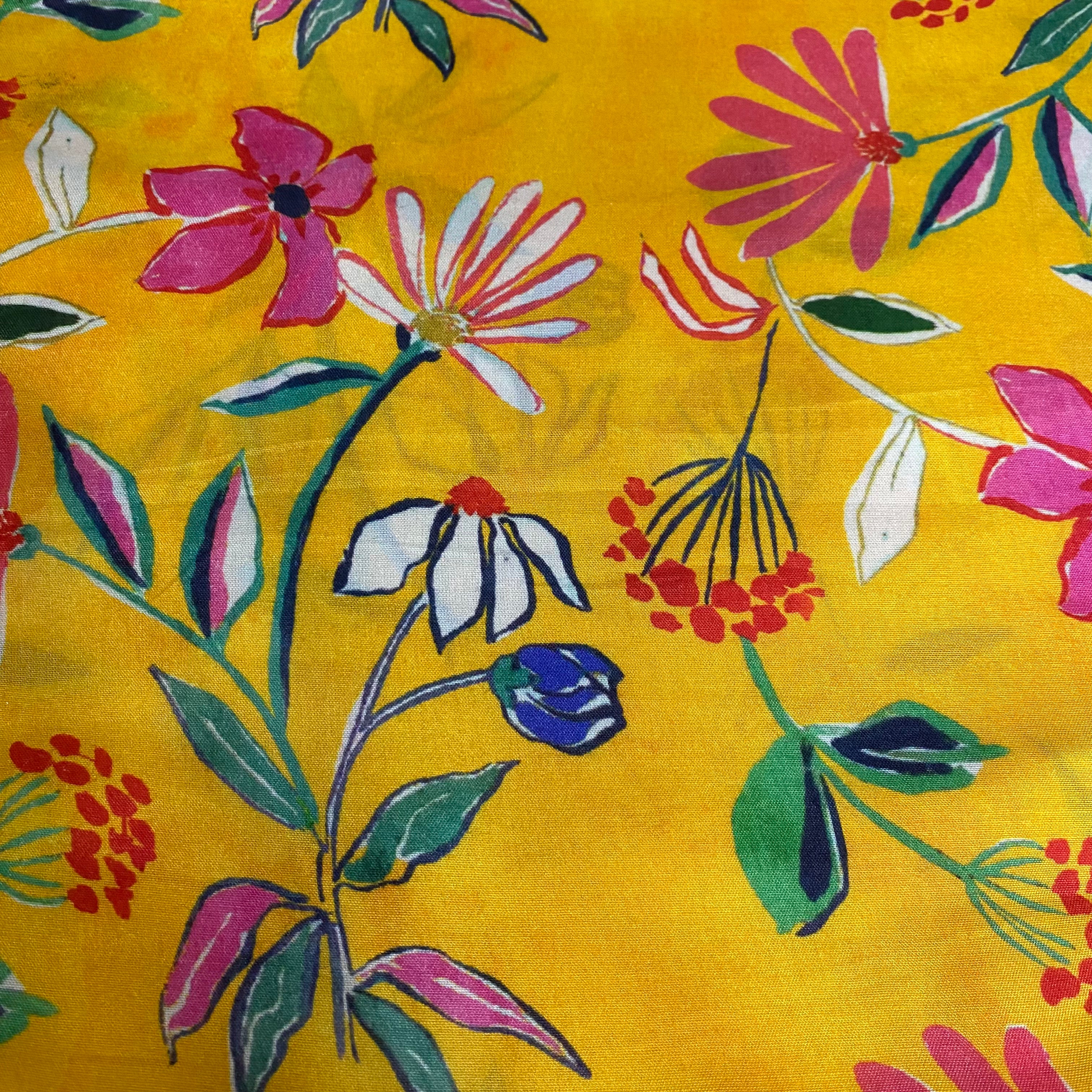 Elegant floral printed Top and bottom Set on Pure Muslin Fabric - Yellow, per meter price