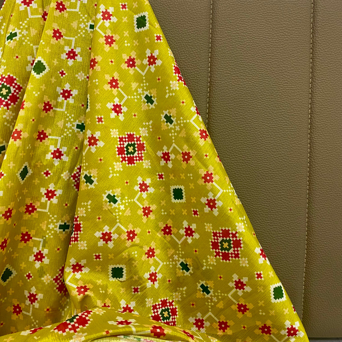 Gracious Green Patola print on Chinon fabric per meter