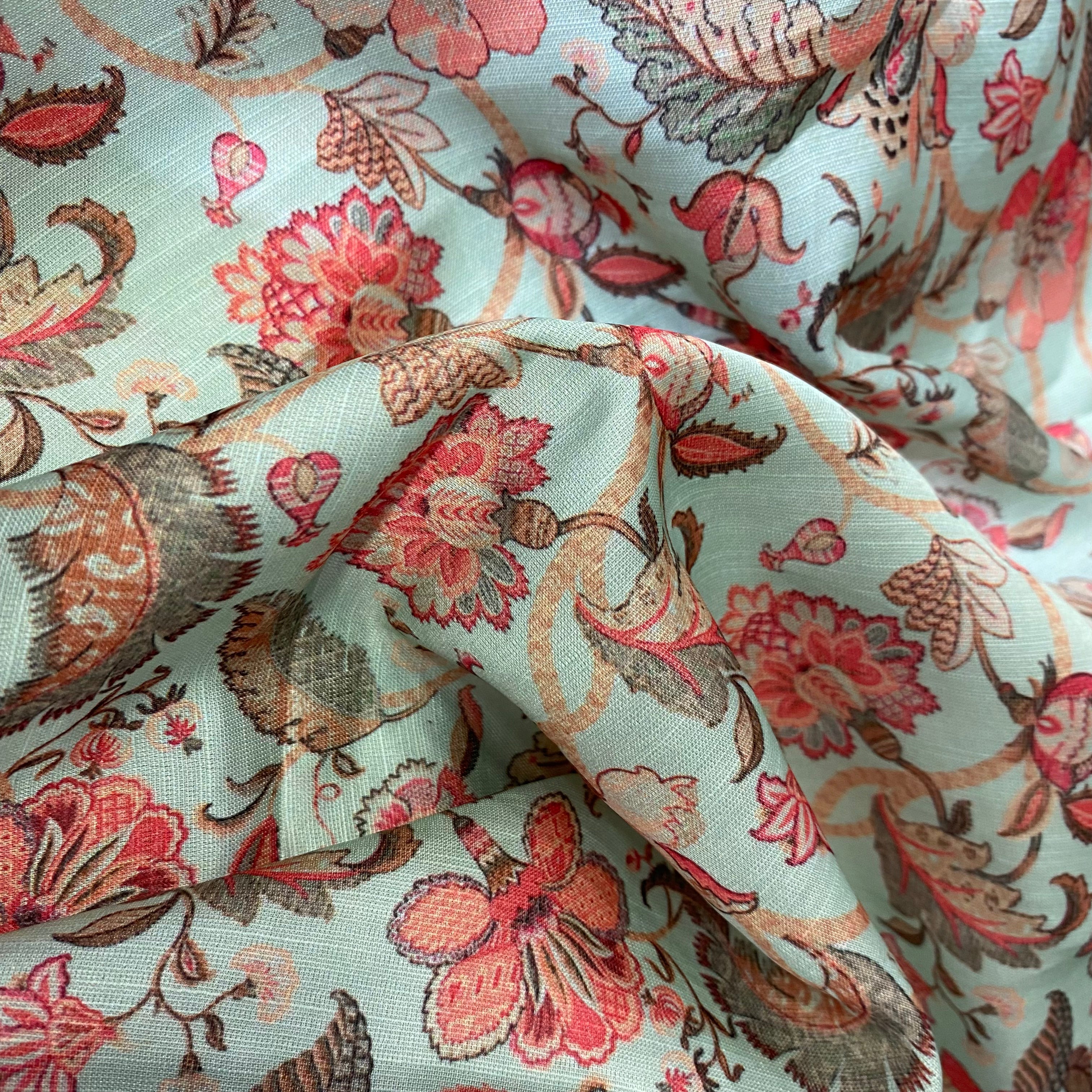 1.25 Meter - Royal floral print on Linen Satin fabric