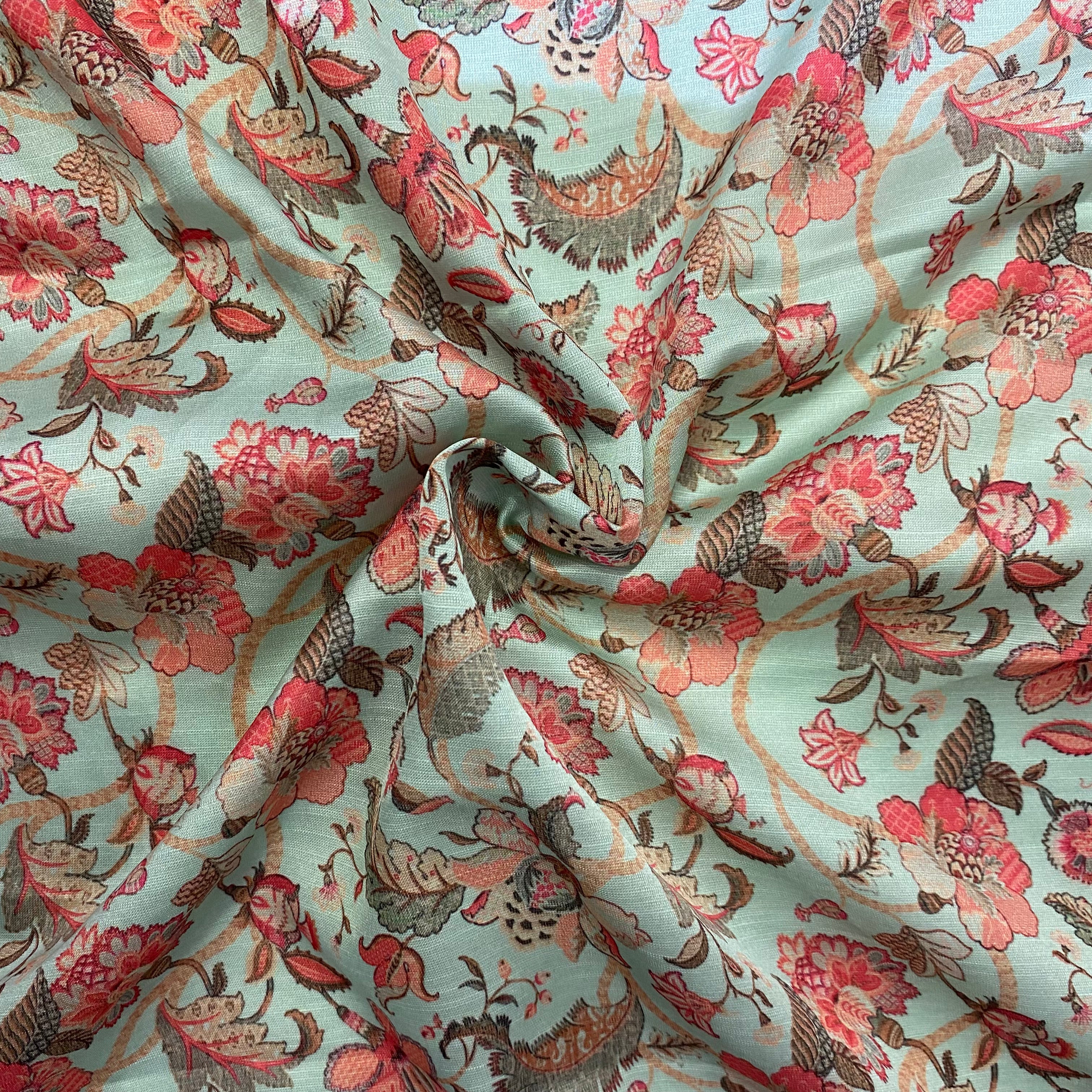 1.25 Meter - Royal floral print on Linen Satin fabric