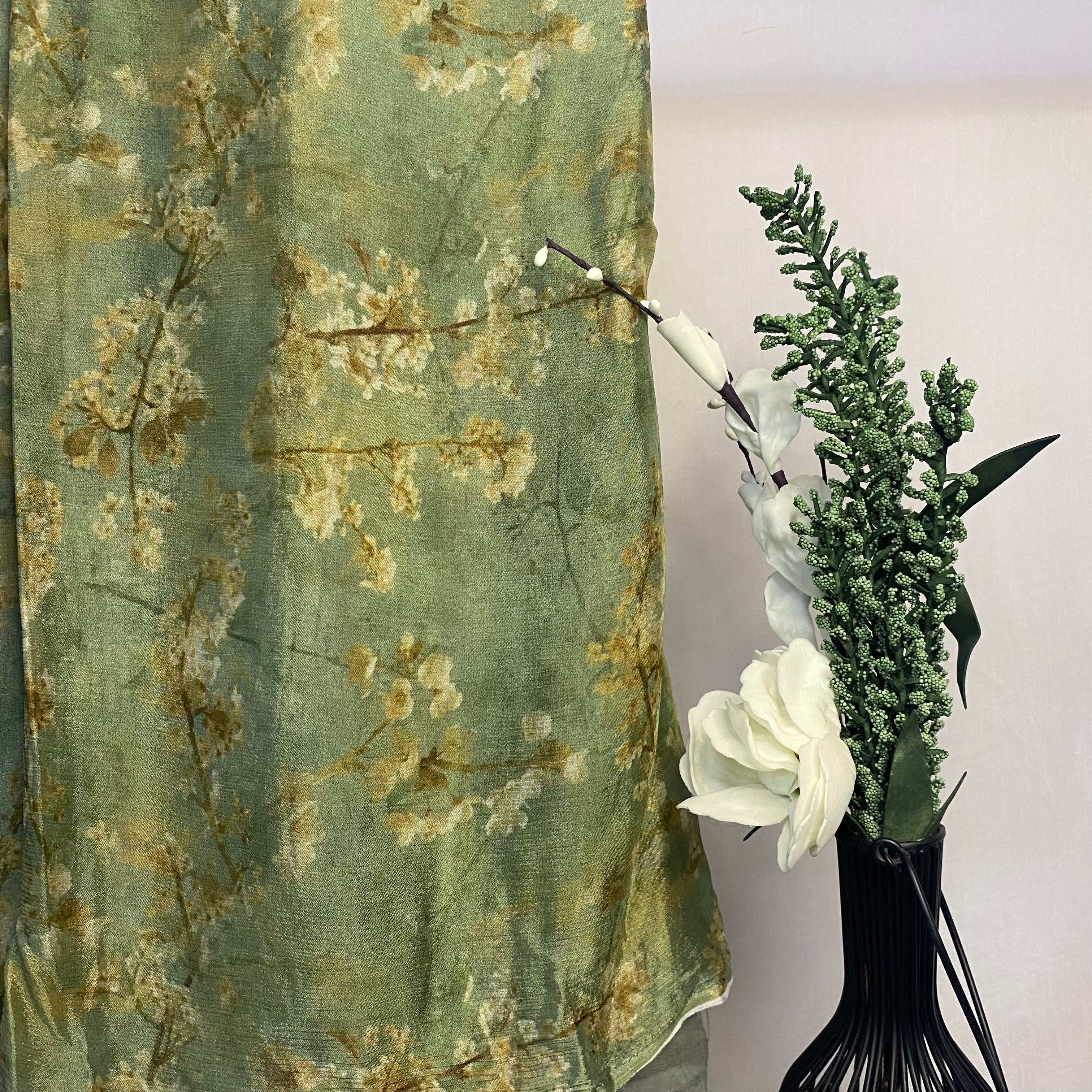 All over floral branch print on Chinon chiffon Per meter (green)