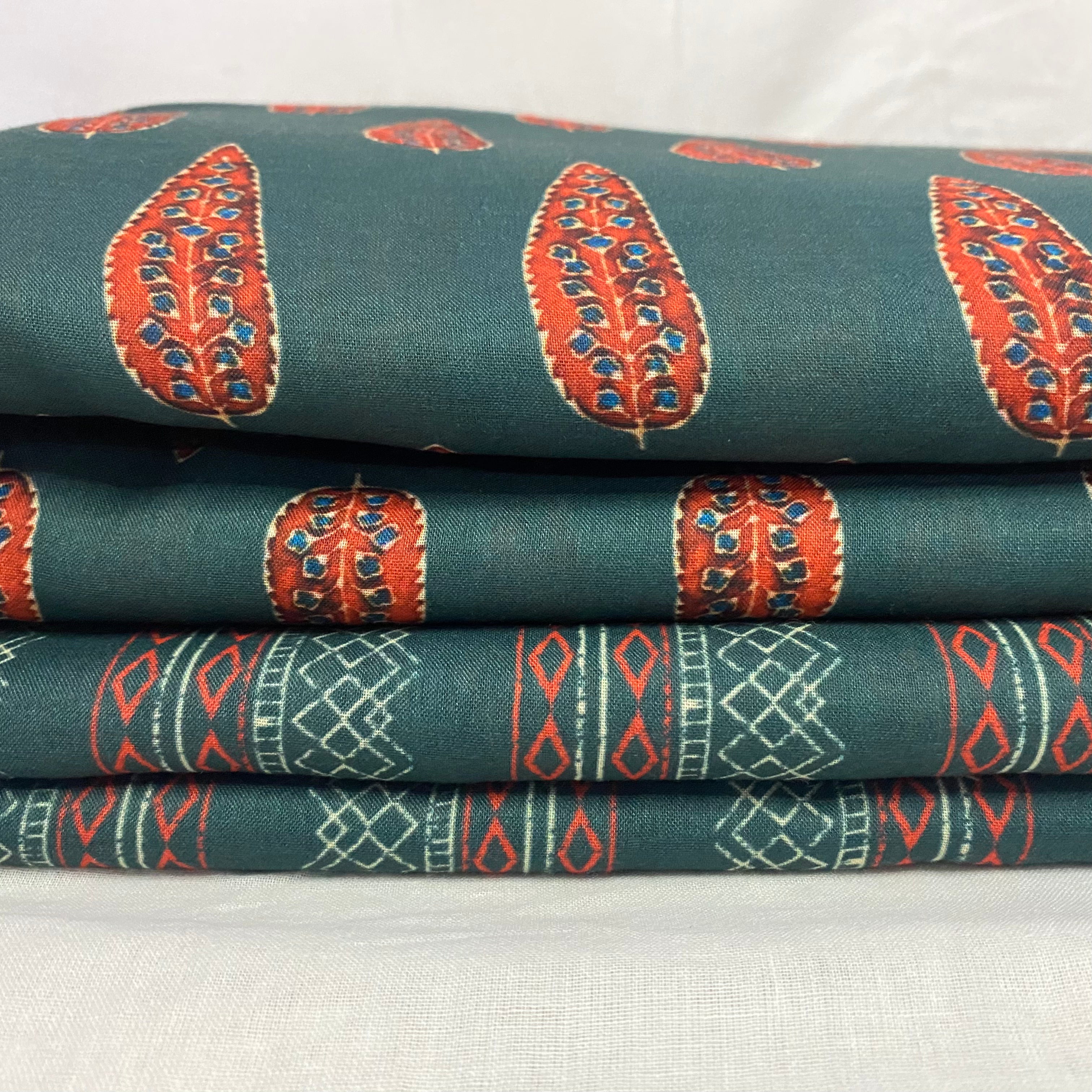 Mul cotton mix match set with contrast leaf top and Geometric lined bottom- Green, per meter price