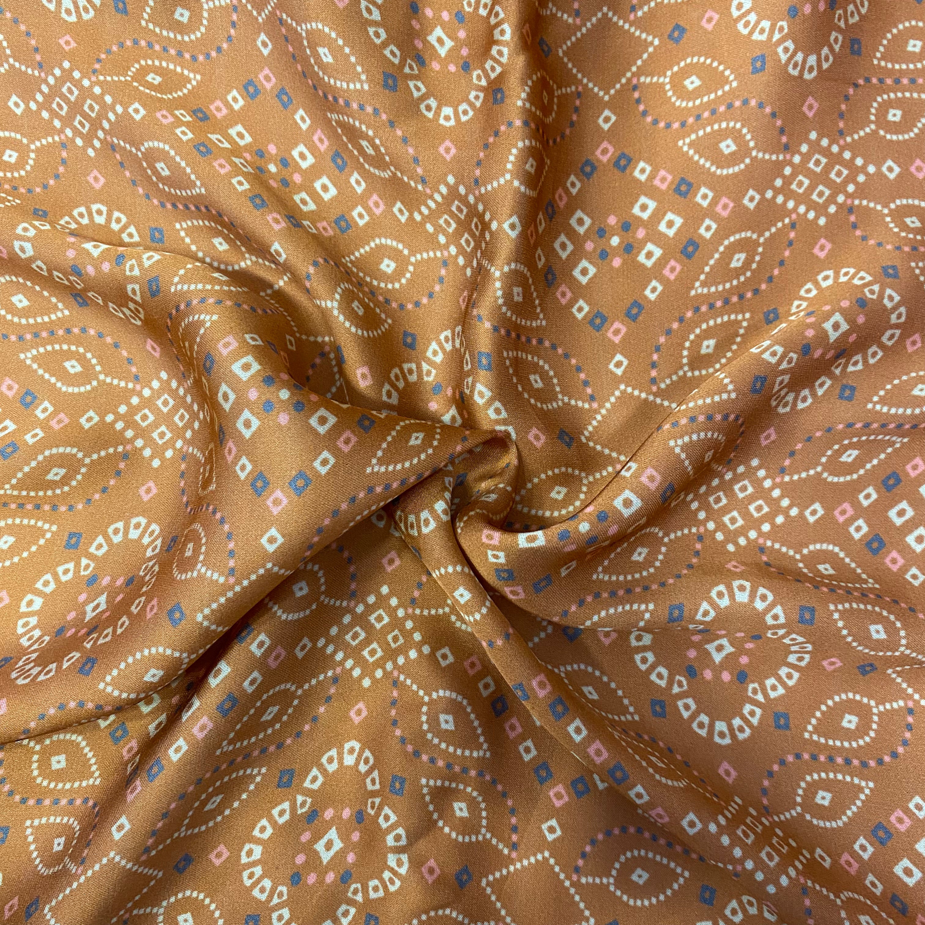 Abstract Indian Brown shade print on Modal Satin fabric per meter