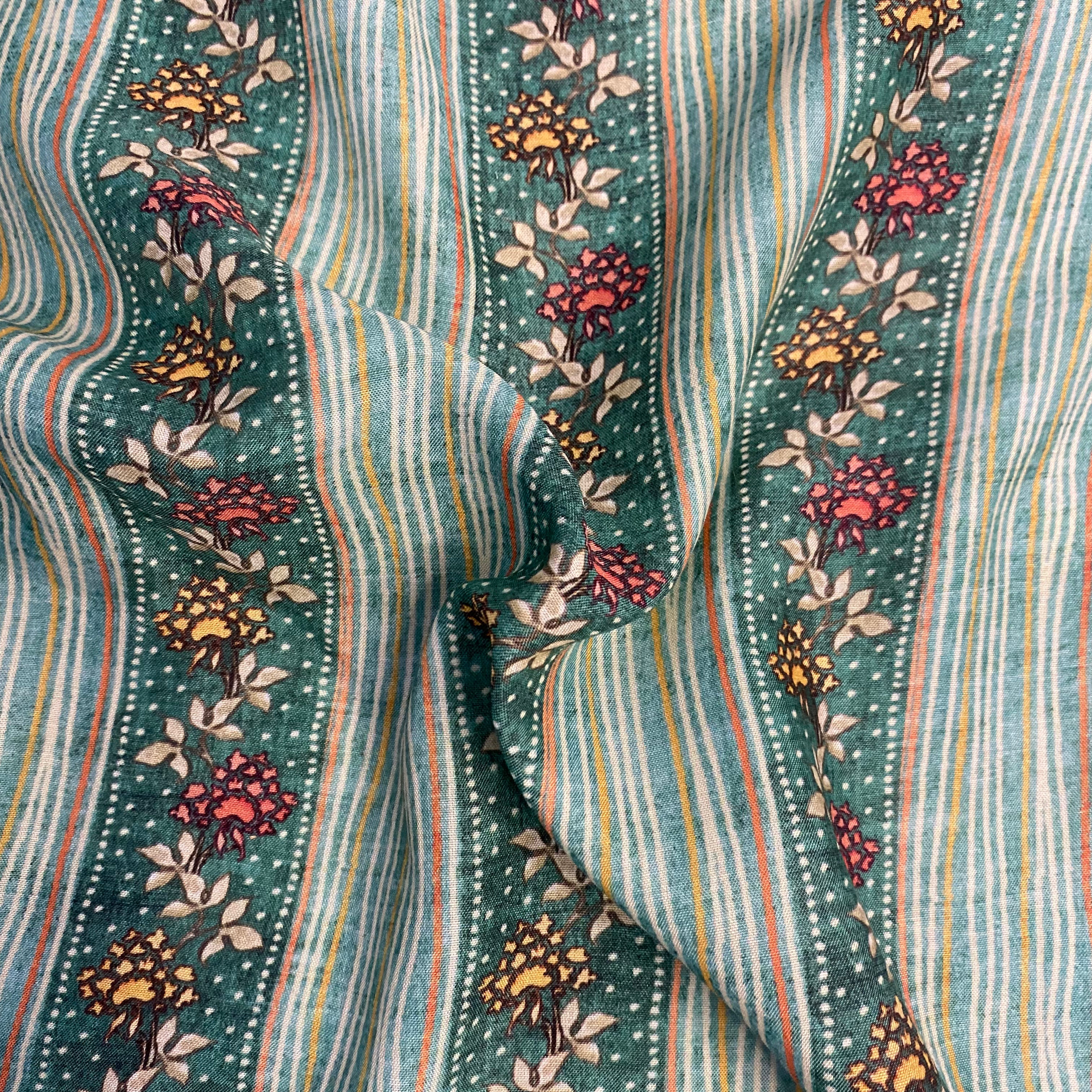 Abstract printed top with royal striped print on bottom on Muslin fabric, per meter price