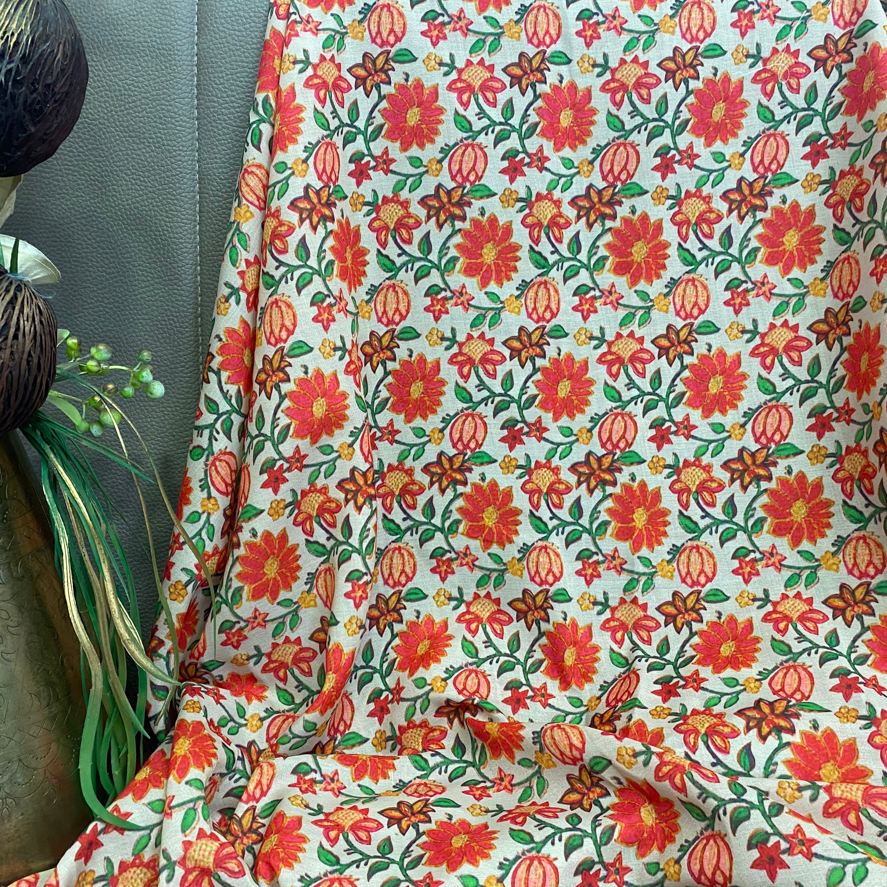 Red florals kalamkari print on White Soft cotton fabric per meter