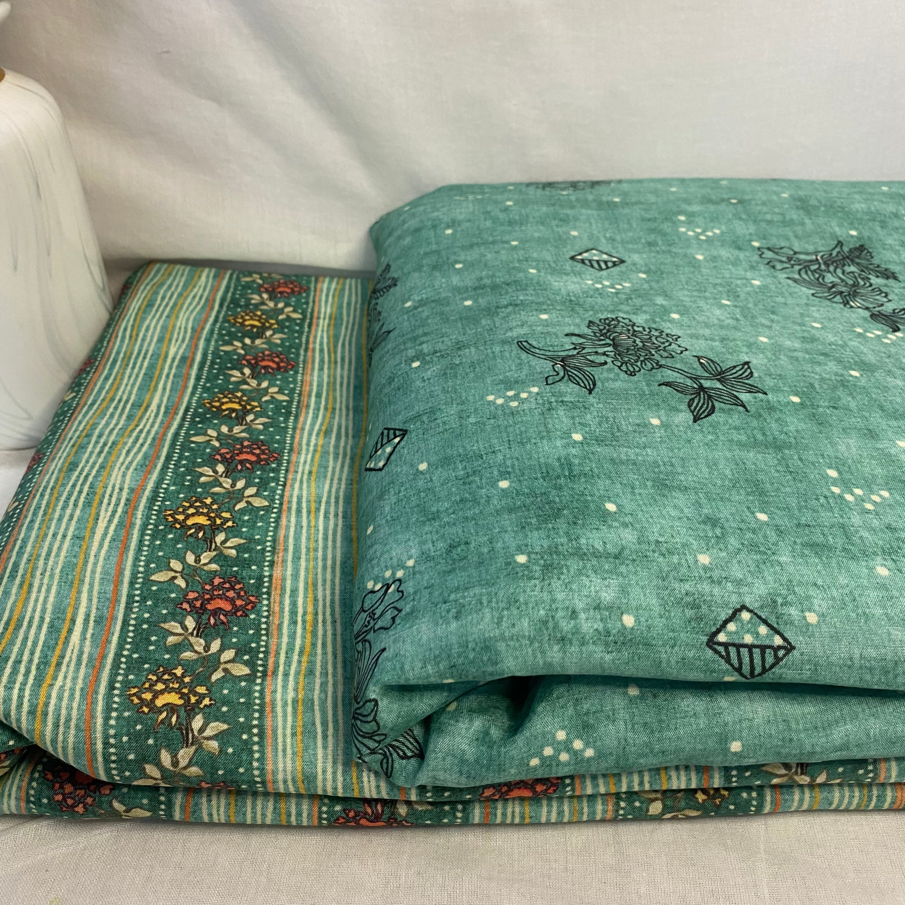 Abstract printed top with royal striped print on bottom on Muslin fabric, per meter price