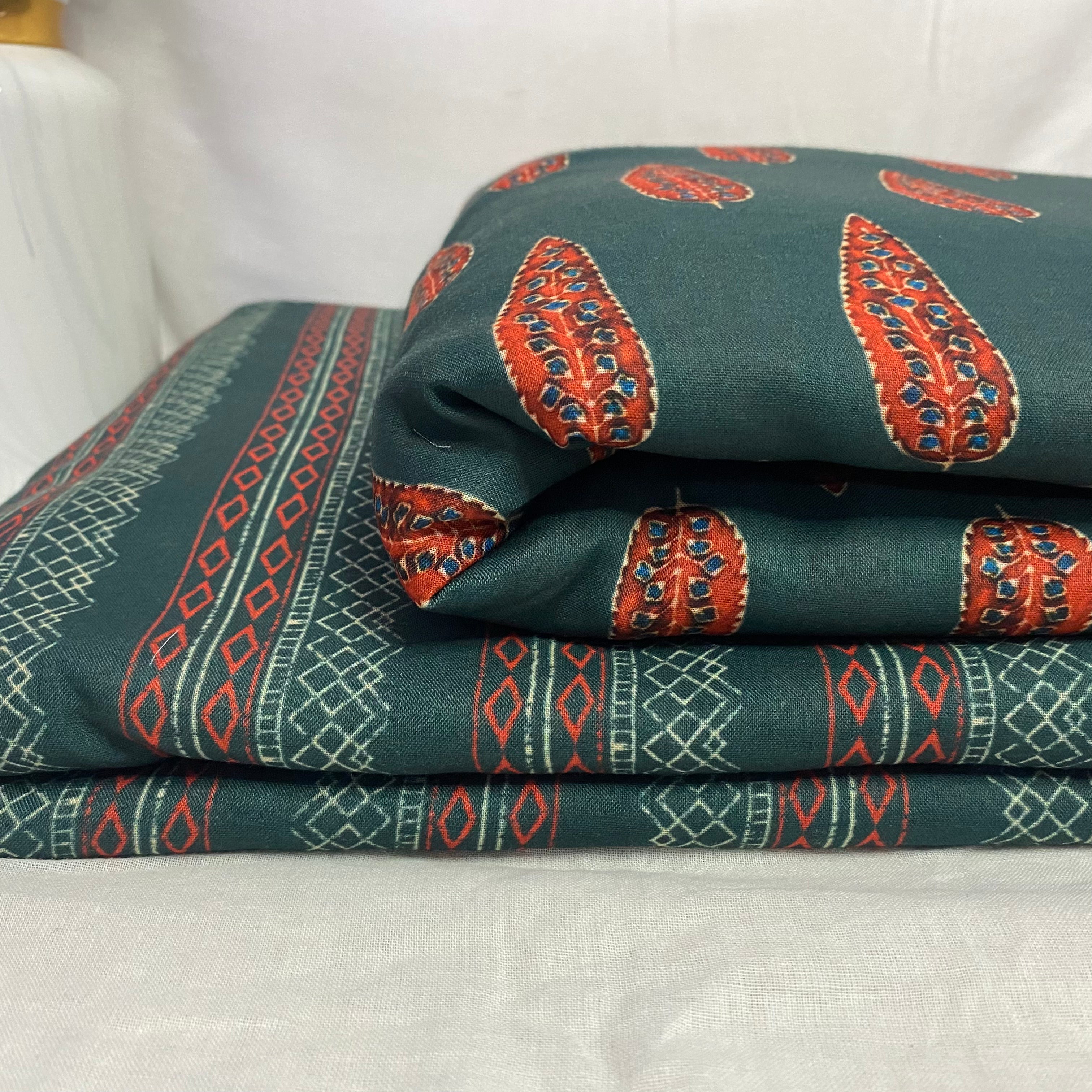 Mul cotton mix match set with contrast leaf top and Geometric lined bottom- Green, per meter price