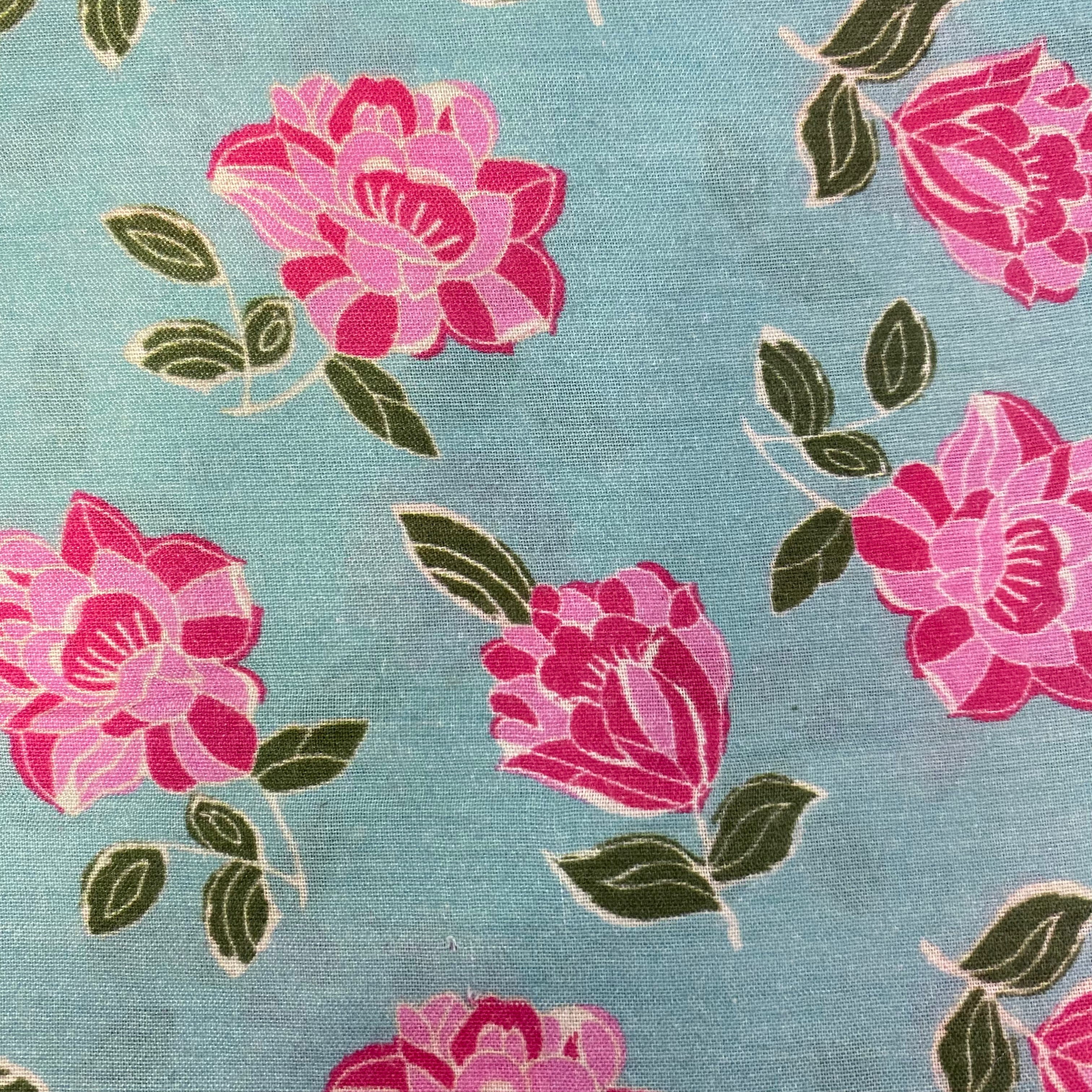 Top and bottom basic floral print on pure muslin fabric - Sky blue & Pink, per meter price