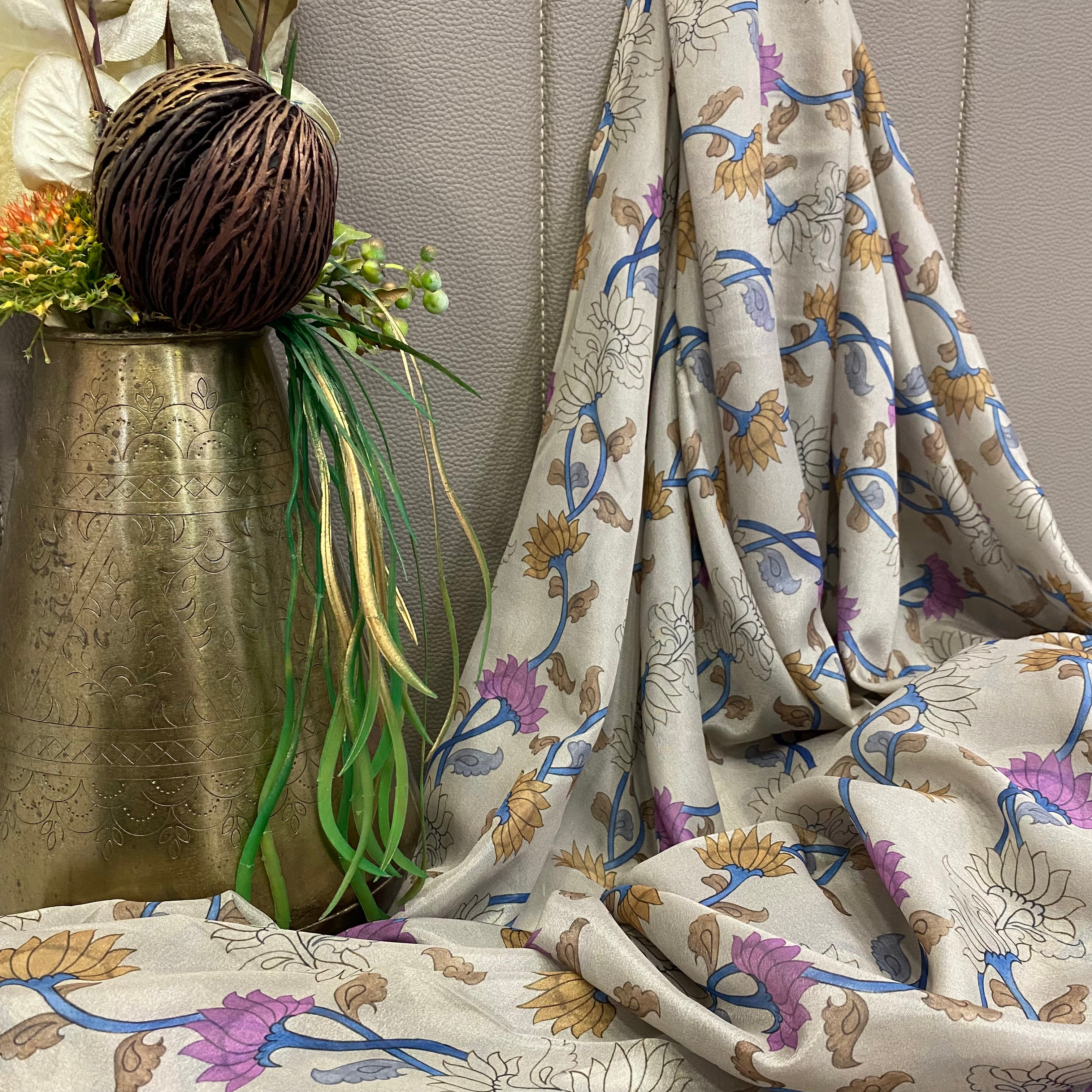 Clay Tabi Silk fabric with multicoloured kalamkari Design per meter