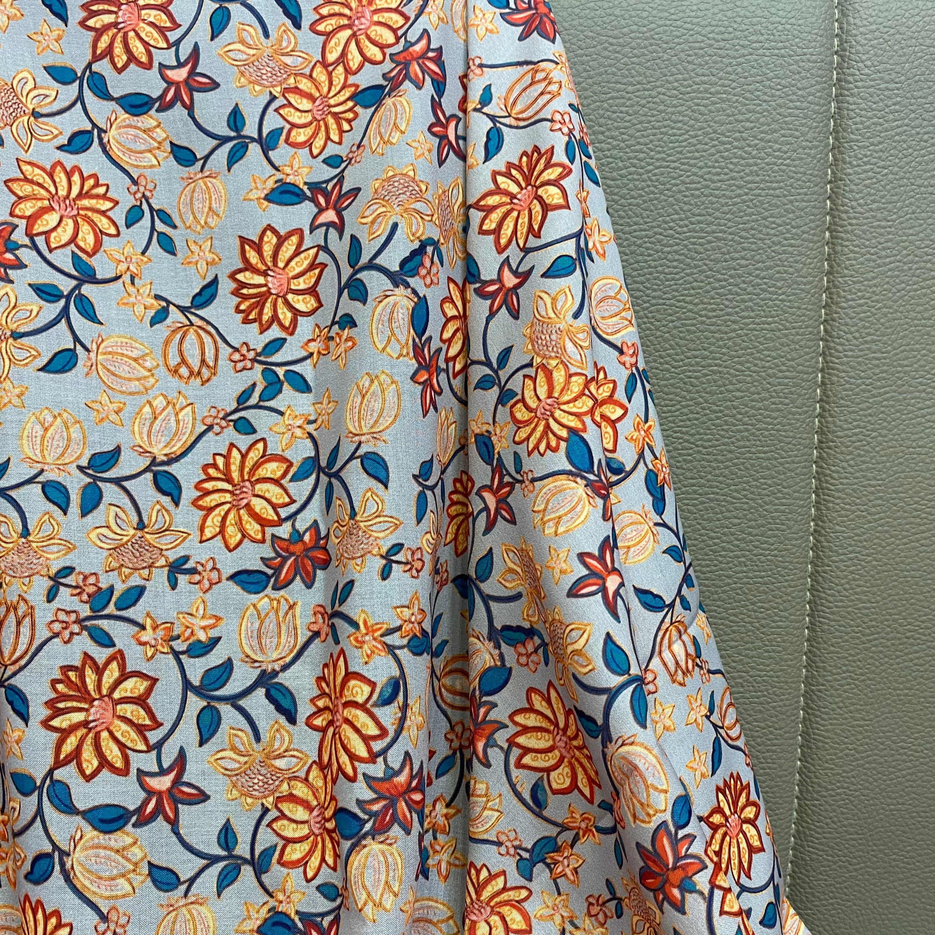 Aesthetic kalamkari print on classic grey- soft cotton fabric per meter