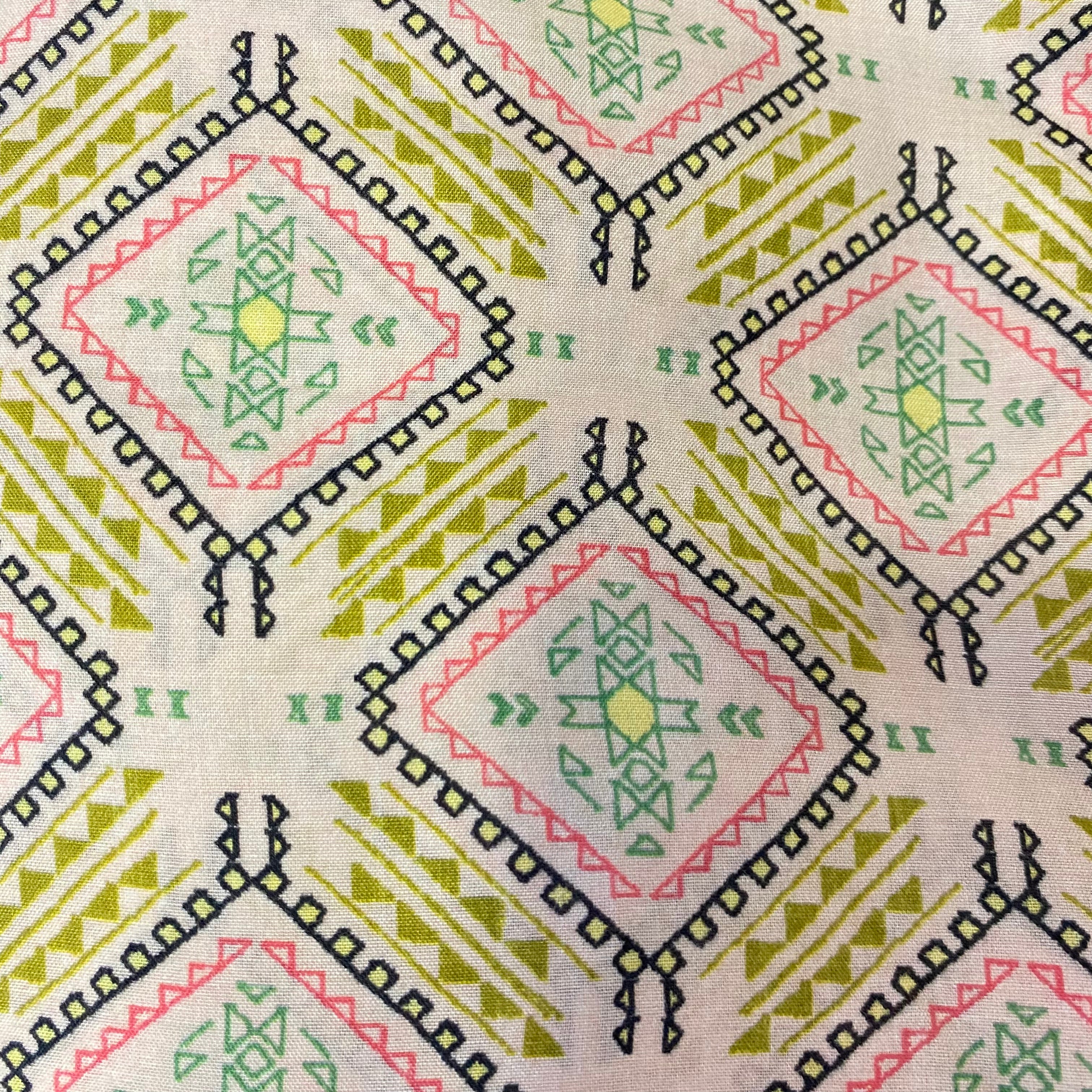 Comfortable and trendy geometric print on Pure muslin fabric - Light olive green bottom per meter price
