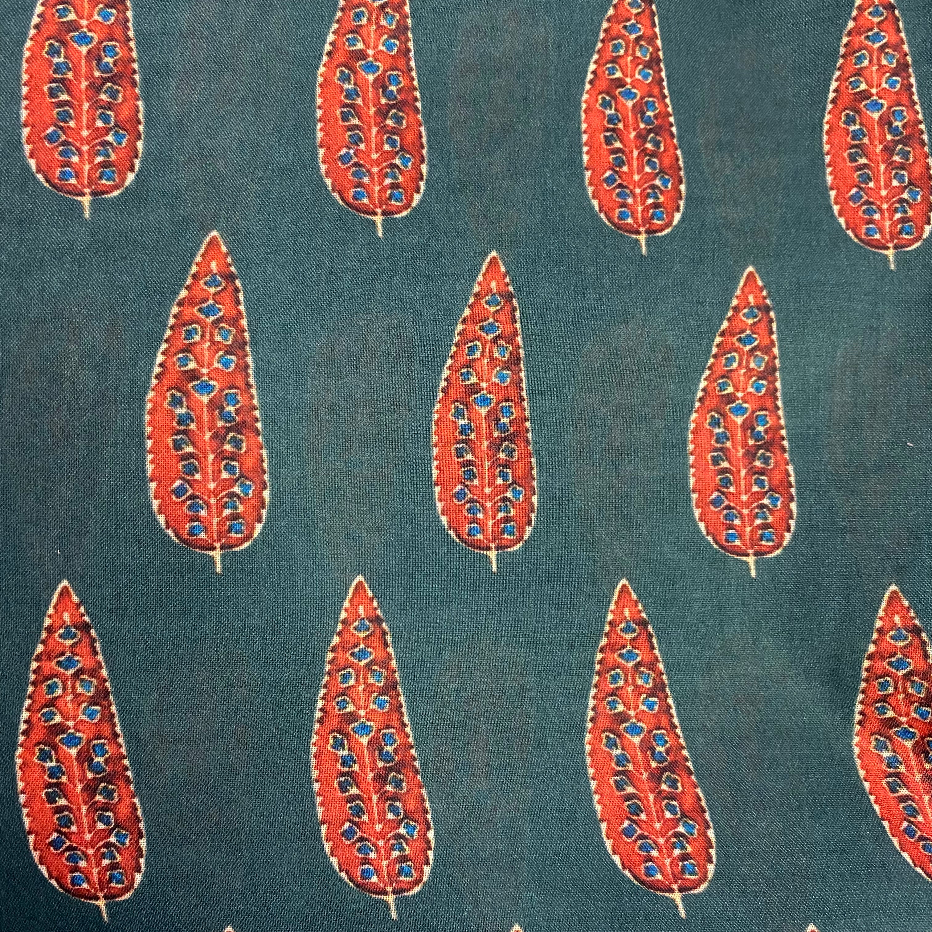 Mul cotton mix match set with contrast leaf top and Geometric lined bottom- Green, per meter price