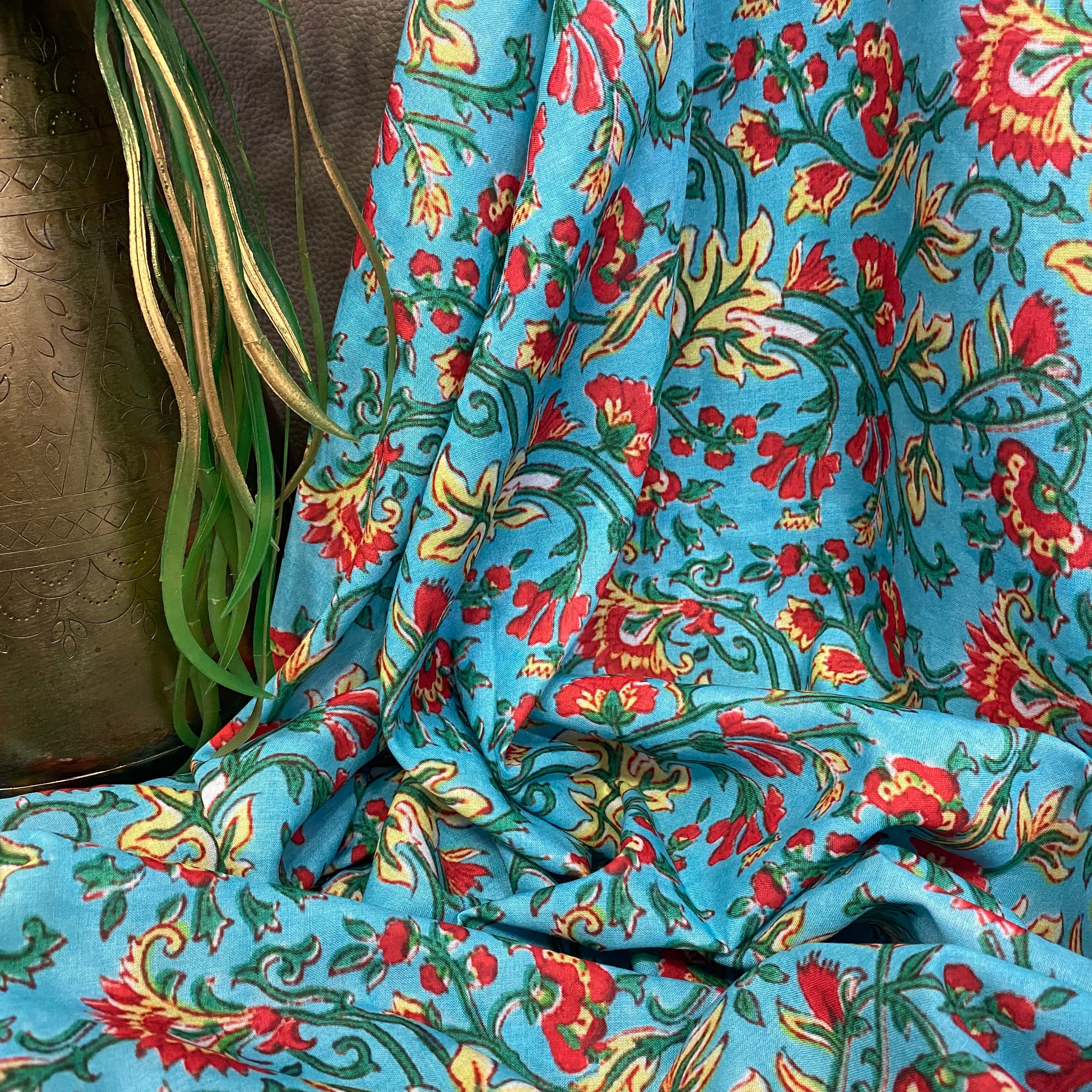 Kalamkari print on Blue Soft cotton fabric per meter