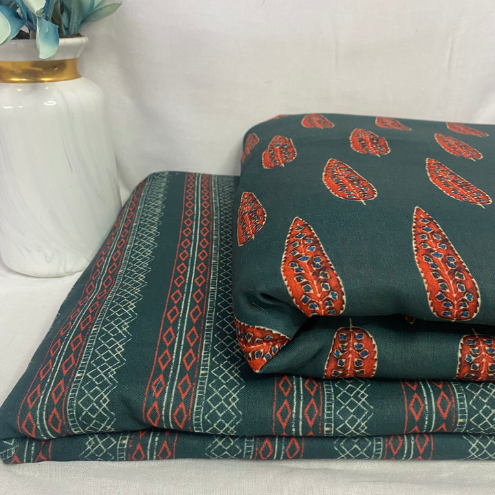 Mul cotton mix match set with contrast leaf top and Geometric lined bottom- Green, per meter price