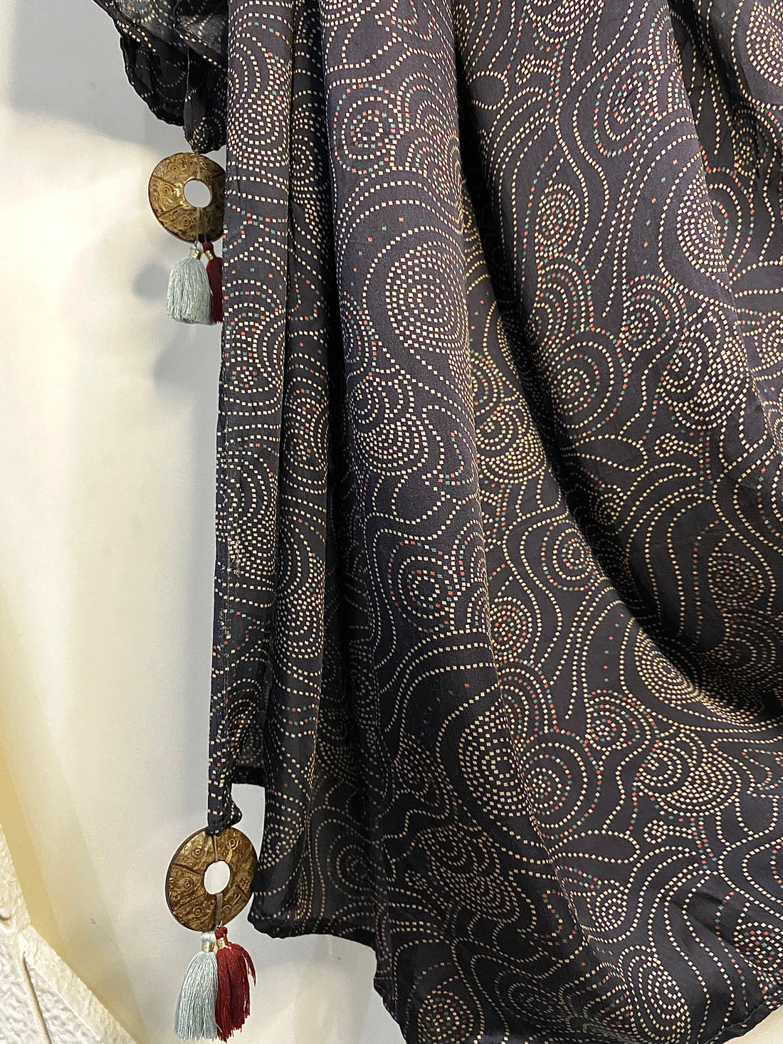 Abstract dotted print on Modal Satin dupatta with tassels