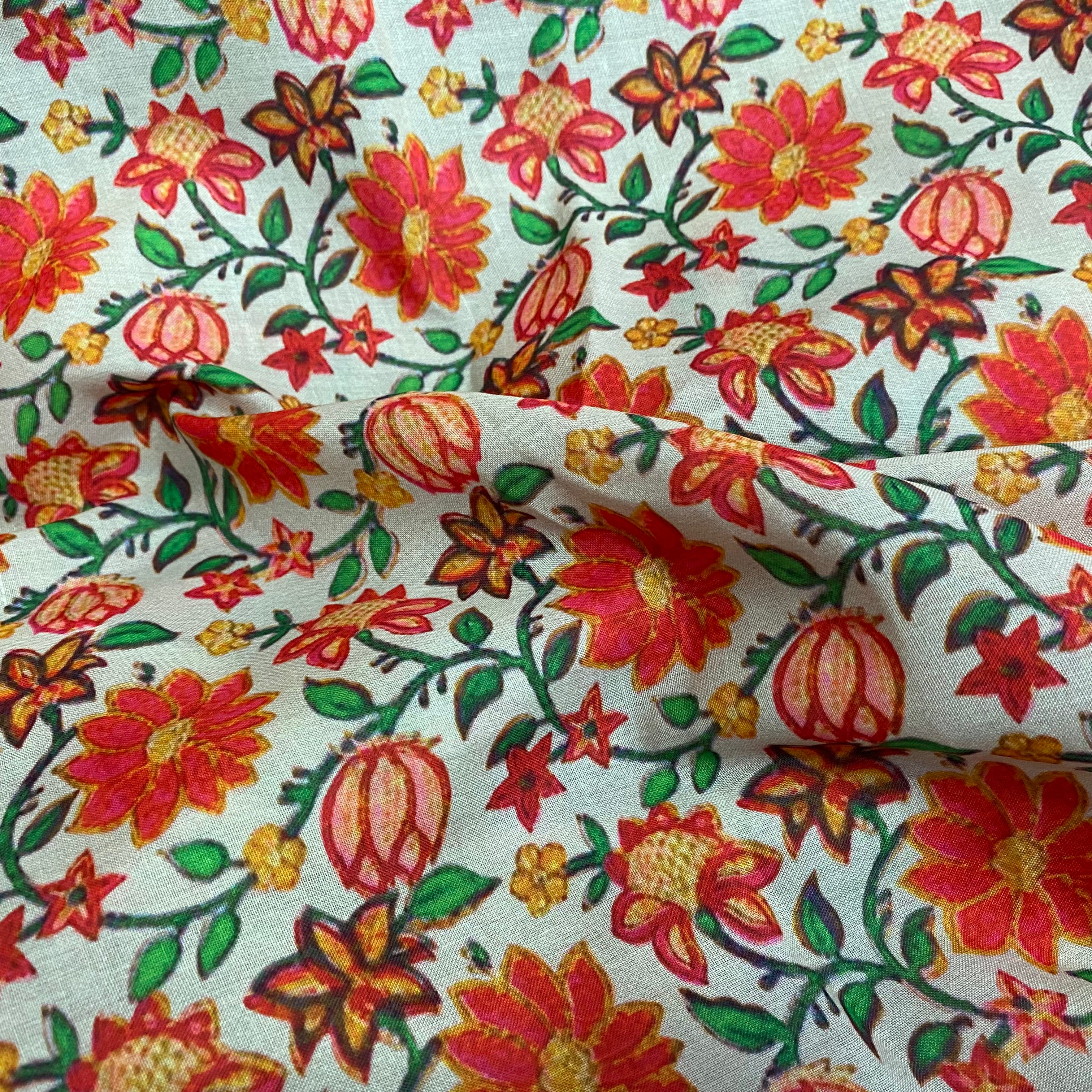 Red florals kalamkari print on White Soft cotton fabric per meter