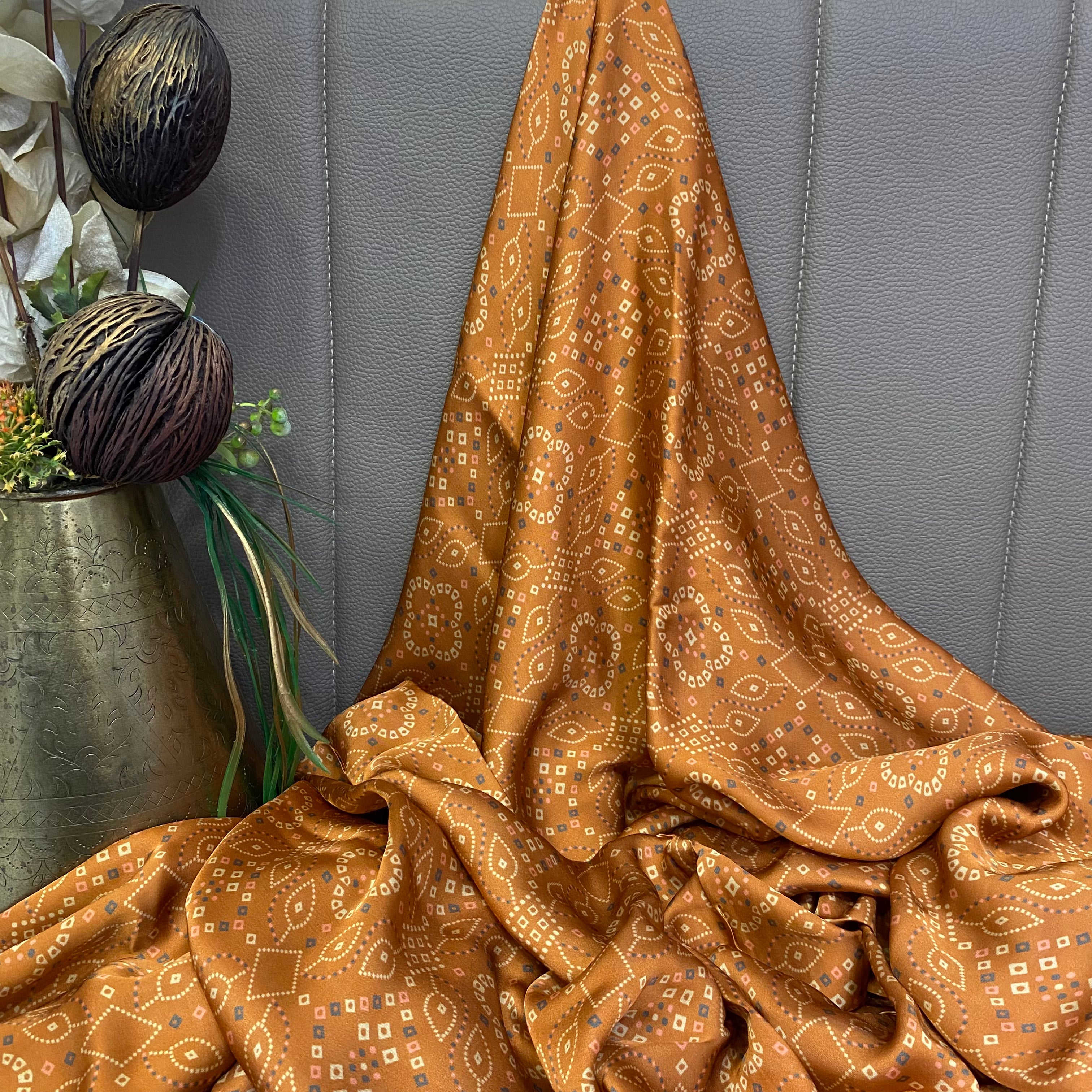 Abstract Indian Brown shade print on Modal Satin fabric per meter