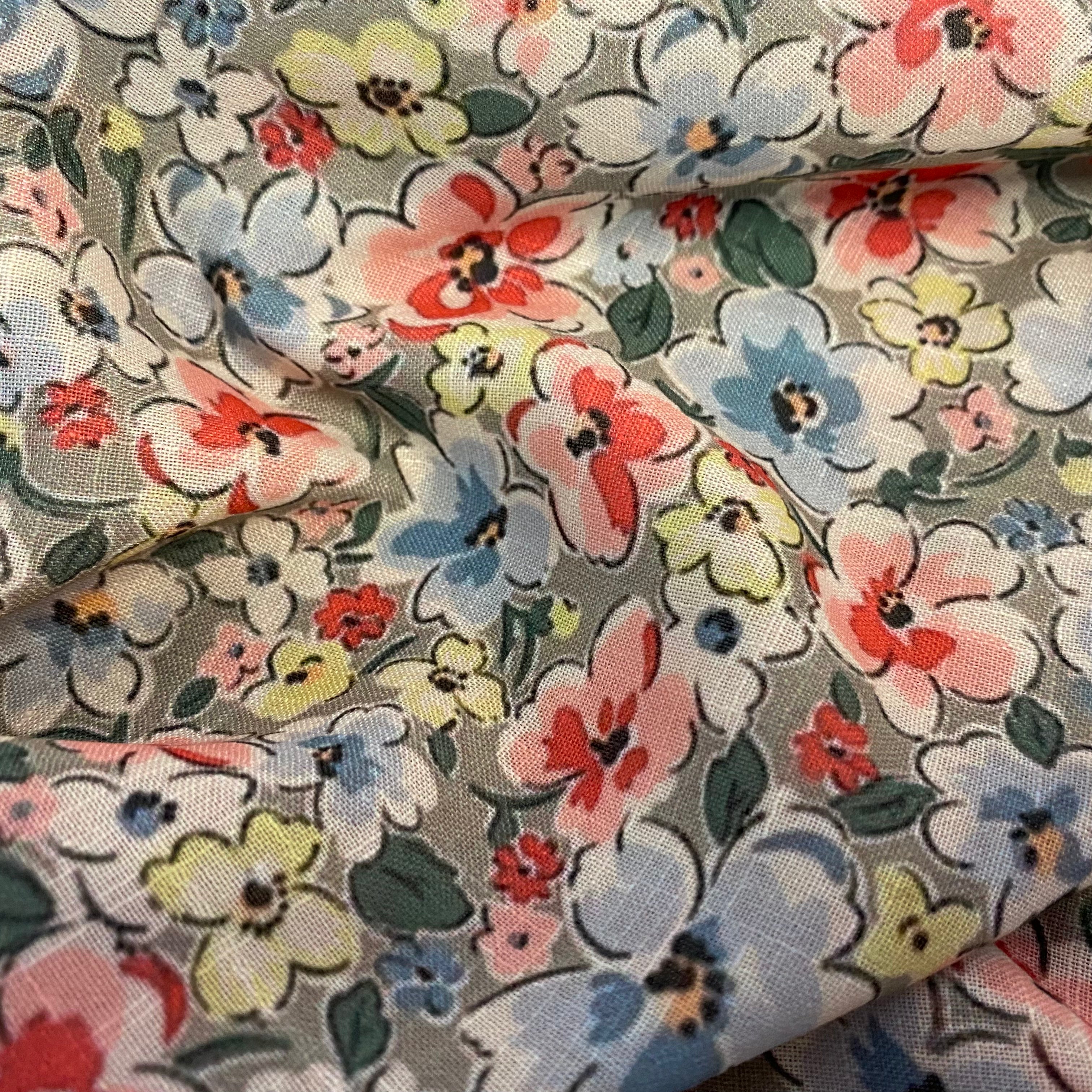 All over multicoloured florals on light grey cotton-linen per meter