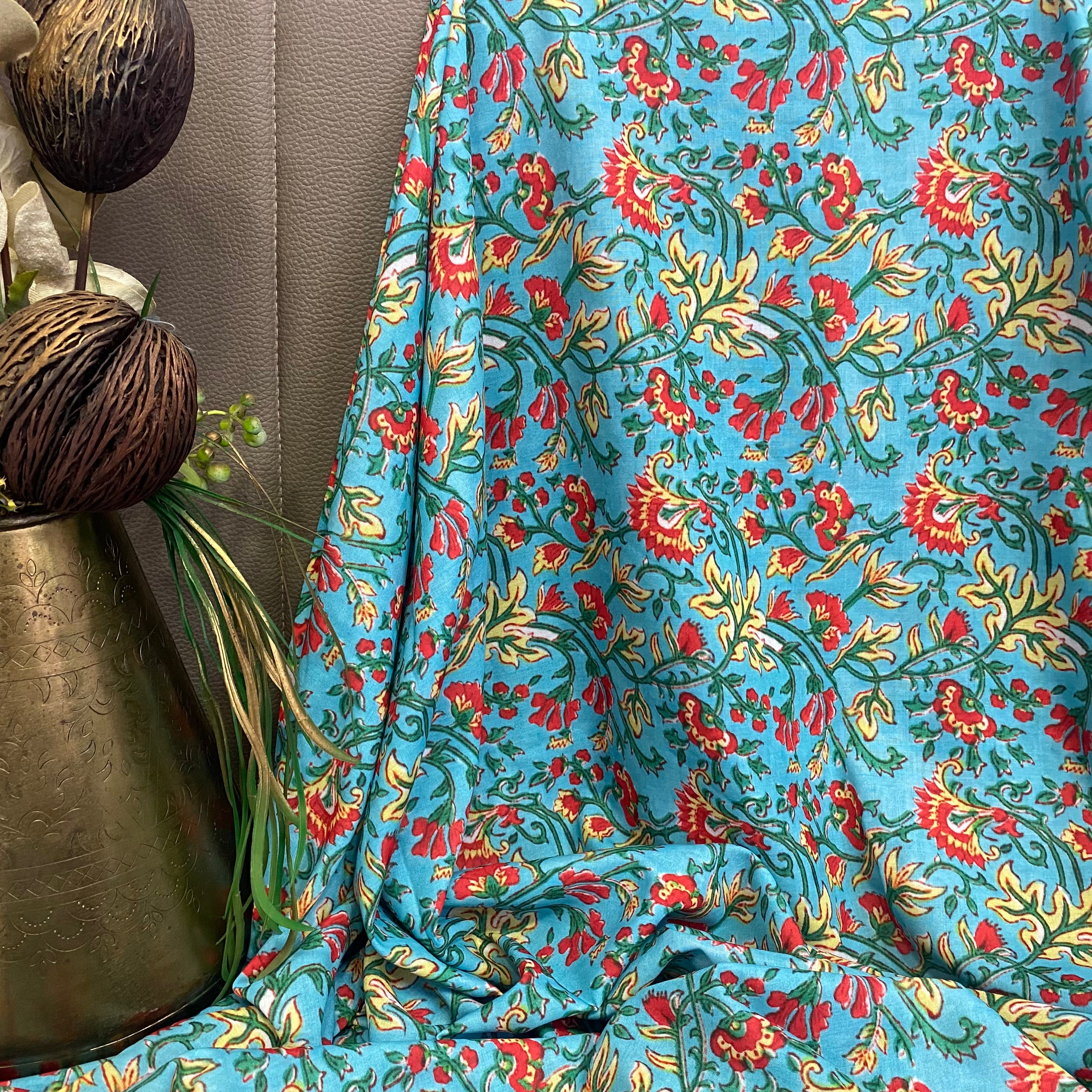 Kalamkari print on Blue Soft cotton fabric per meter