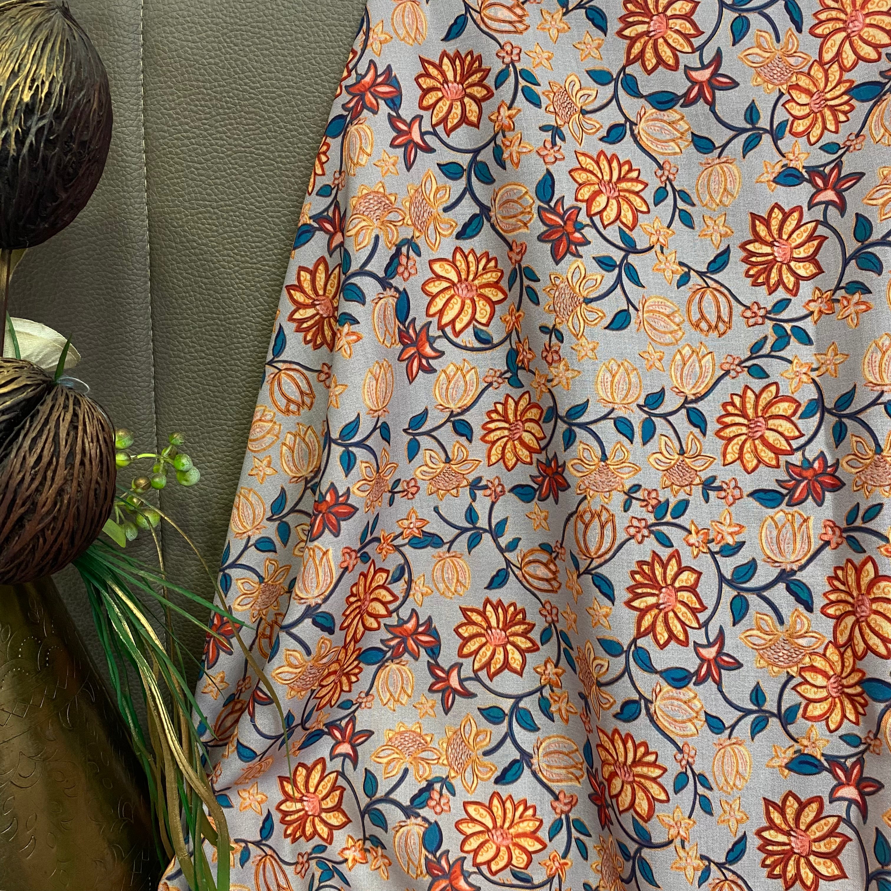 Aesthetic kalamkari print on classic grey- soft cotton fabric per meter