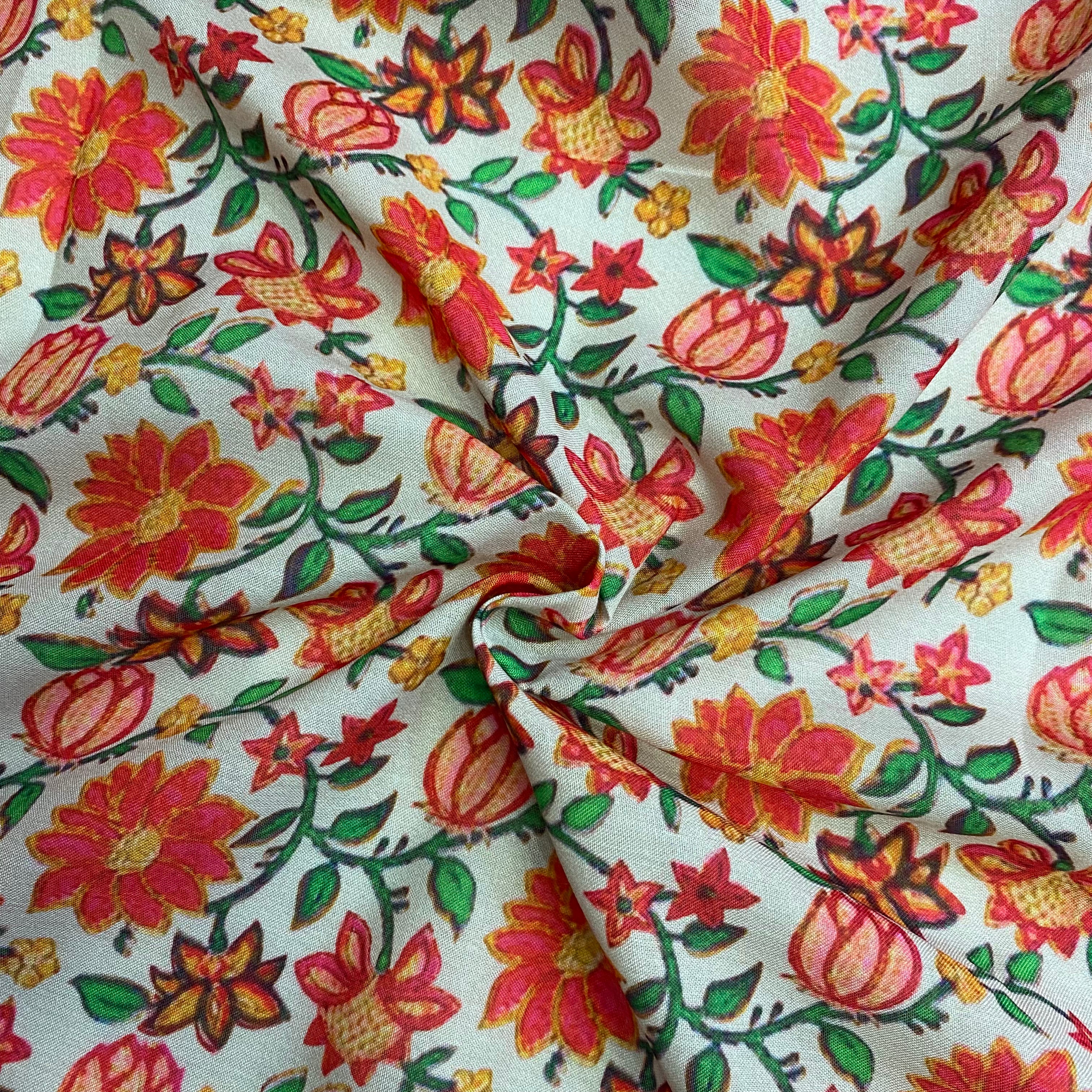 Red florals kalamkari print on White Soft cotton fabric per meter