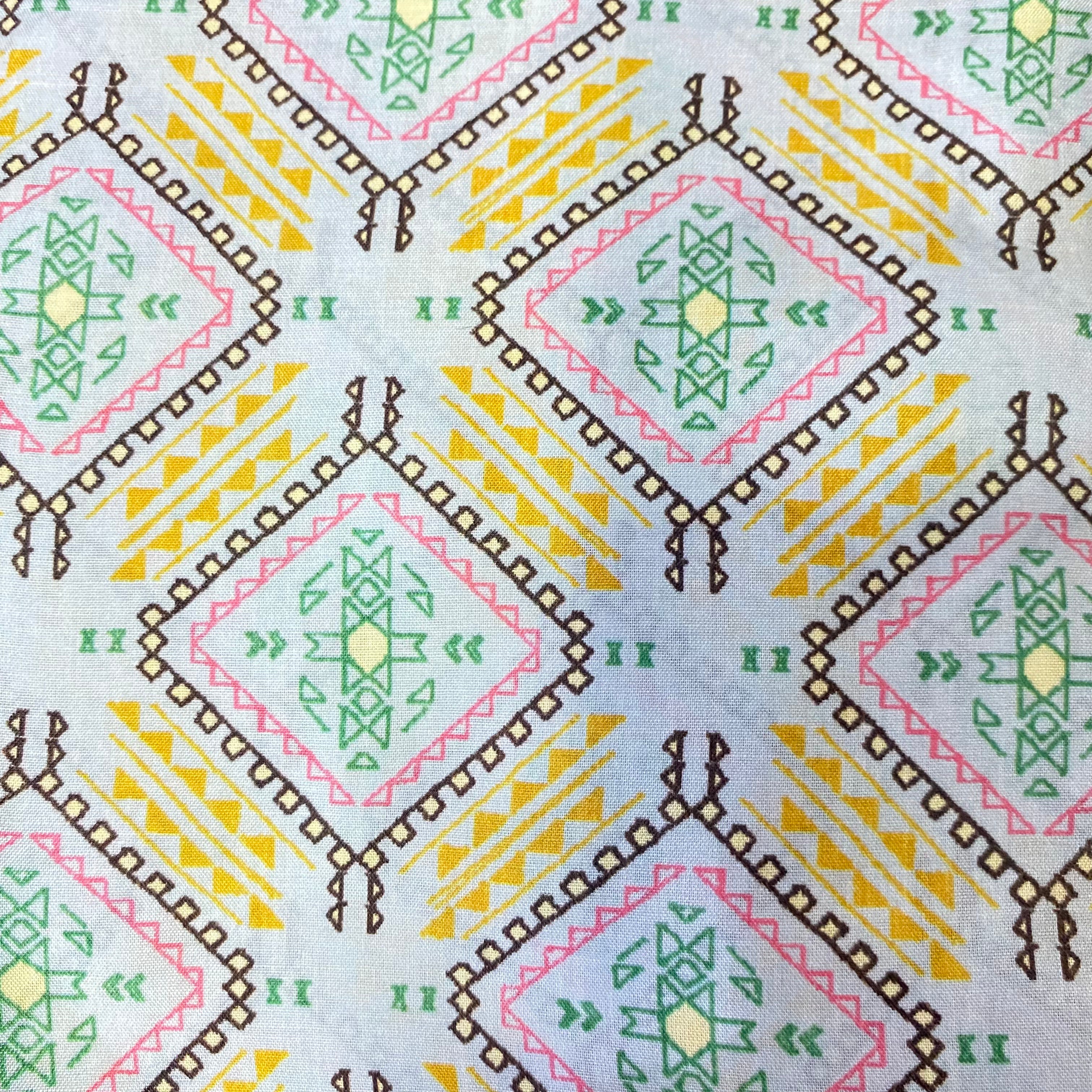 Comfortable and trendy geometric print on Pure muslin fabric - Sky Blue & Yellow, per meter price