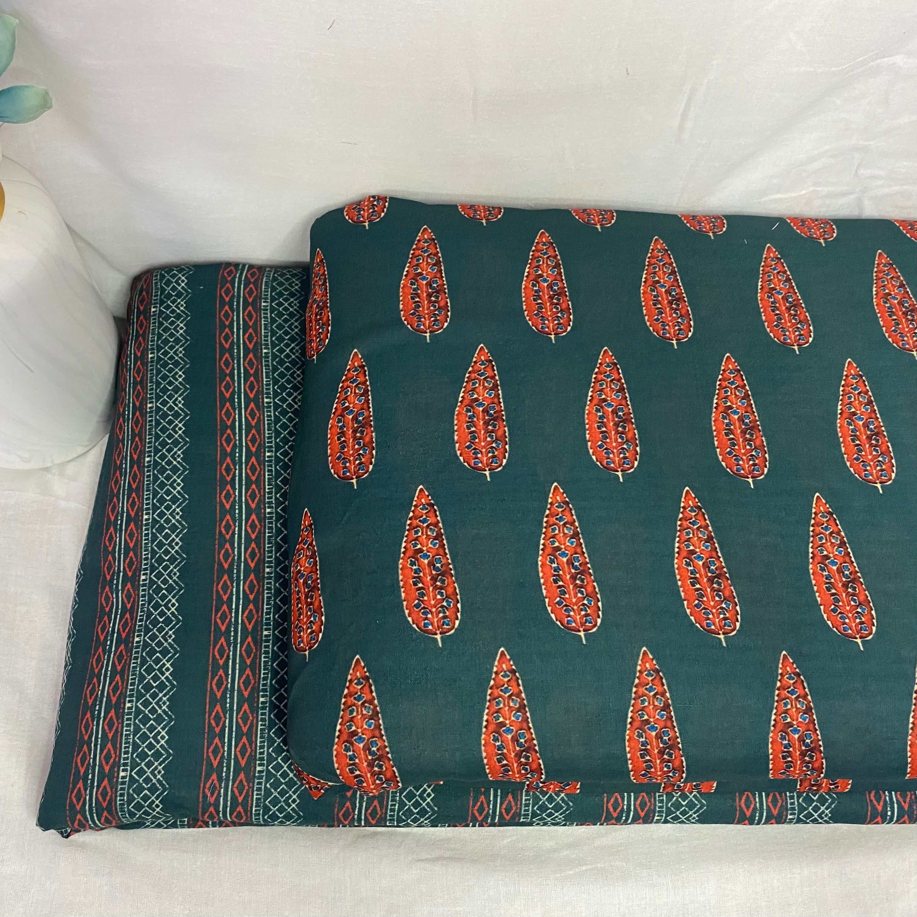 Mul cotton mix match set with contrast leaf top and Geometric lined bottom- Green, per meter price