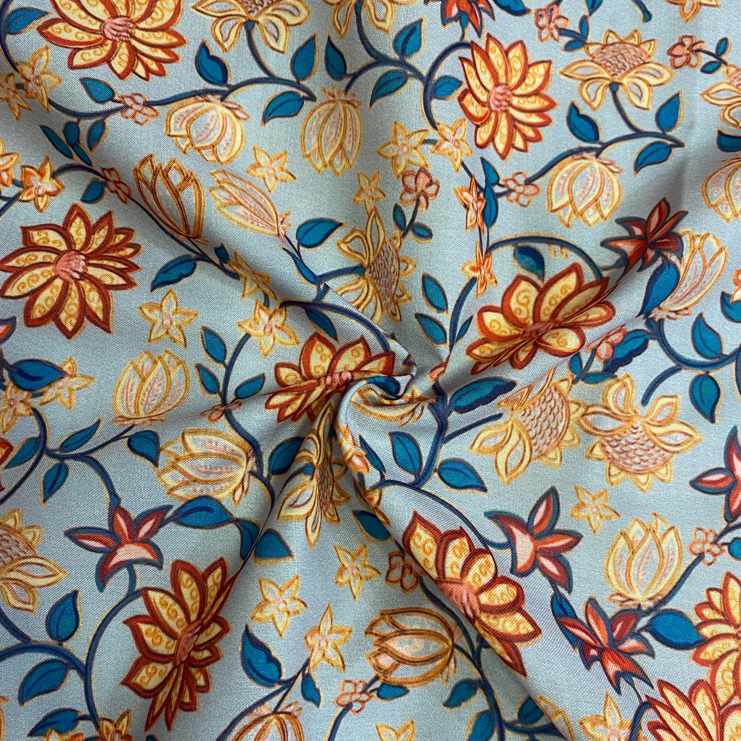 Aesthetic kalamkari print on classic grey- soft cotton fabric per meter